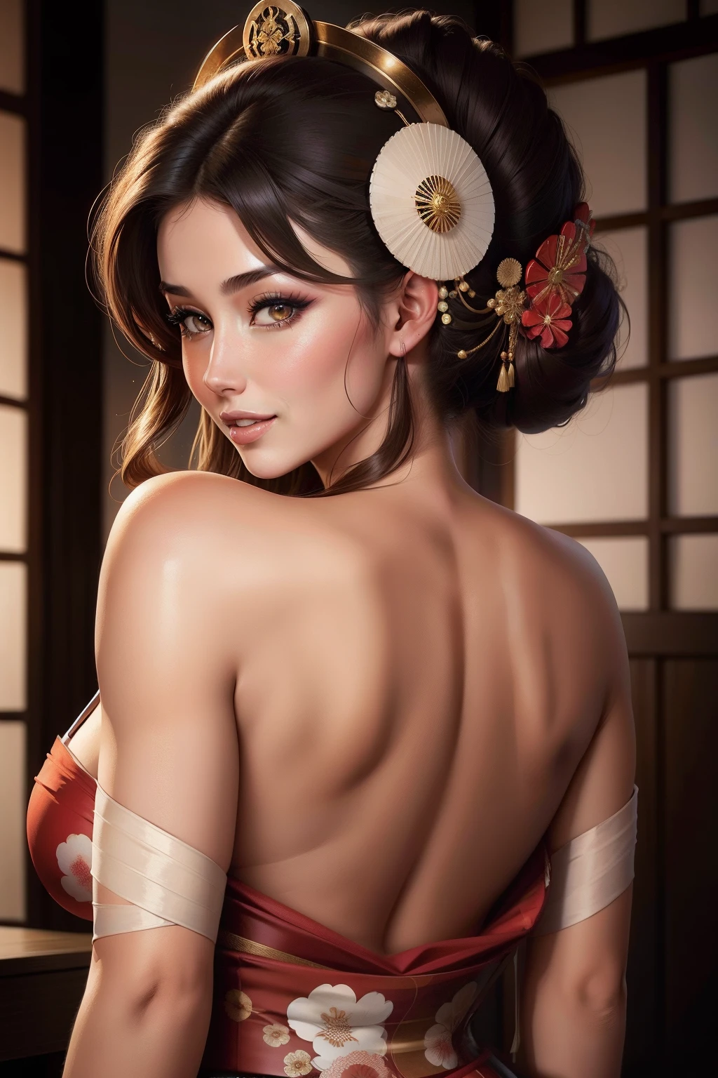lucy pinder, portrait, geisha, back, smiling, sexy