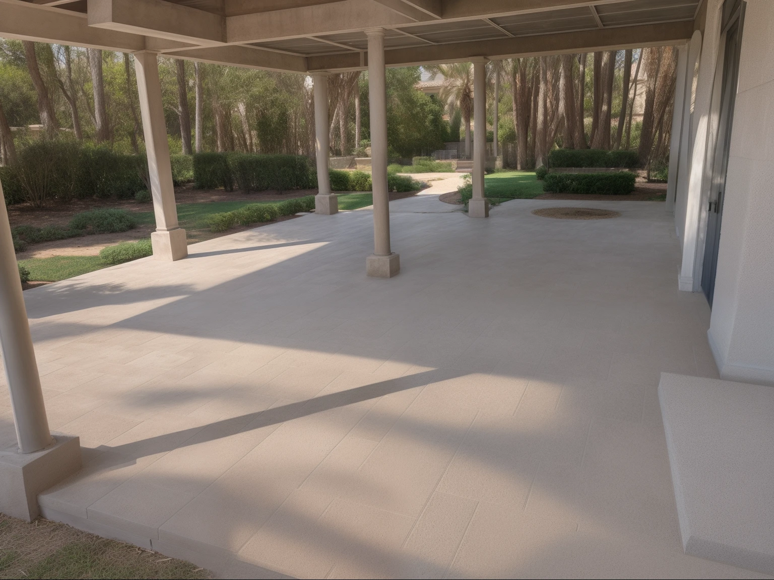 there is a large patio, well shaded, paved, shaded, patio, stand on floor, professional shading, ground level shot, detailed wide shot, a long-shot from front, 1 6 x 1 6, heavy two tone shading, outdoor, listing image, perspective shot, dark shading, realistic shaded, power washed texture