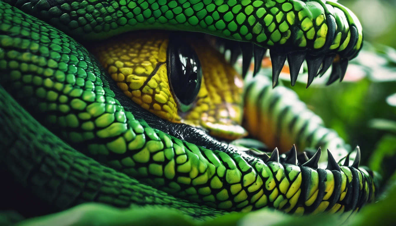 High nation-geographic symmetrical close-up portrait shoot in green jungle of an expressive snake, anamorphic lens, ultra-realistic, hyper-detailed, green-core, jungle-core –ar 16:9 –q 2 –v 5