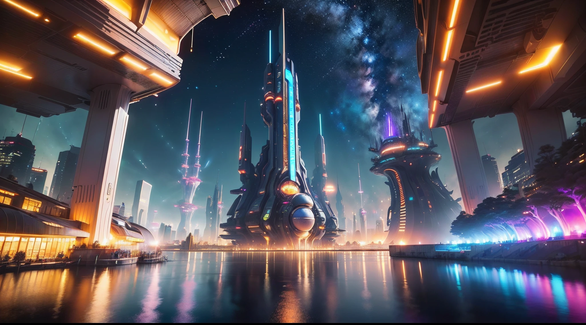 amazing space city floating in outer space. The city is made up of futuristic buildings with intricate and innovative engineering design, glowing with sparkling neon colors. network of high-tech tunnels and bridges connects the different buildings together. There are spaceships flying in the sky, glowing in a variety of colors and leaving shiny trails in their wake. The city has unique shops, restaurants and entertainment centers, where people from different planets gather to enjoy a unique and exciting experience, ((in the night)), 8k, high quilty, realistic, beautiful realistic, Cool details, raw photo, Light and cool lighting, photo realistic, Cel shaded, Gel lighting, ultra details, 3d realistic