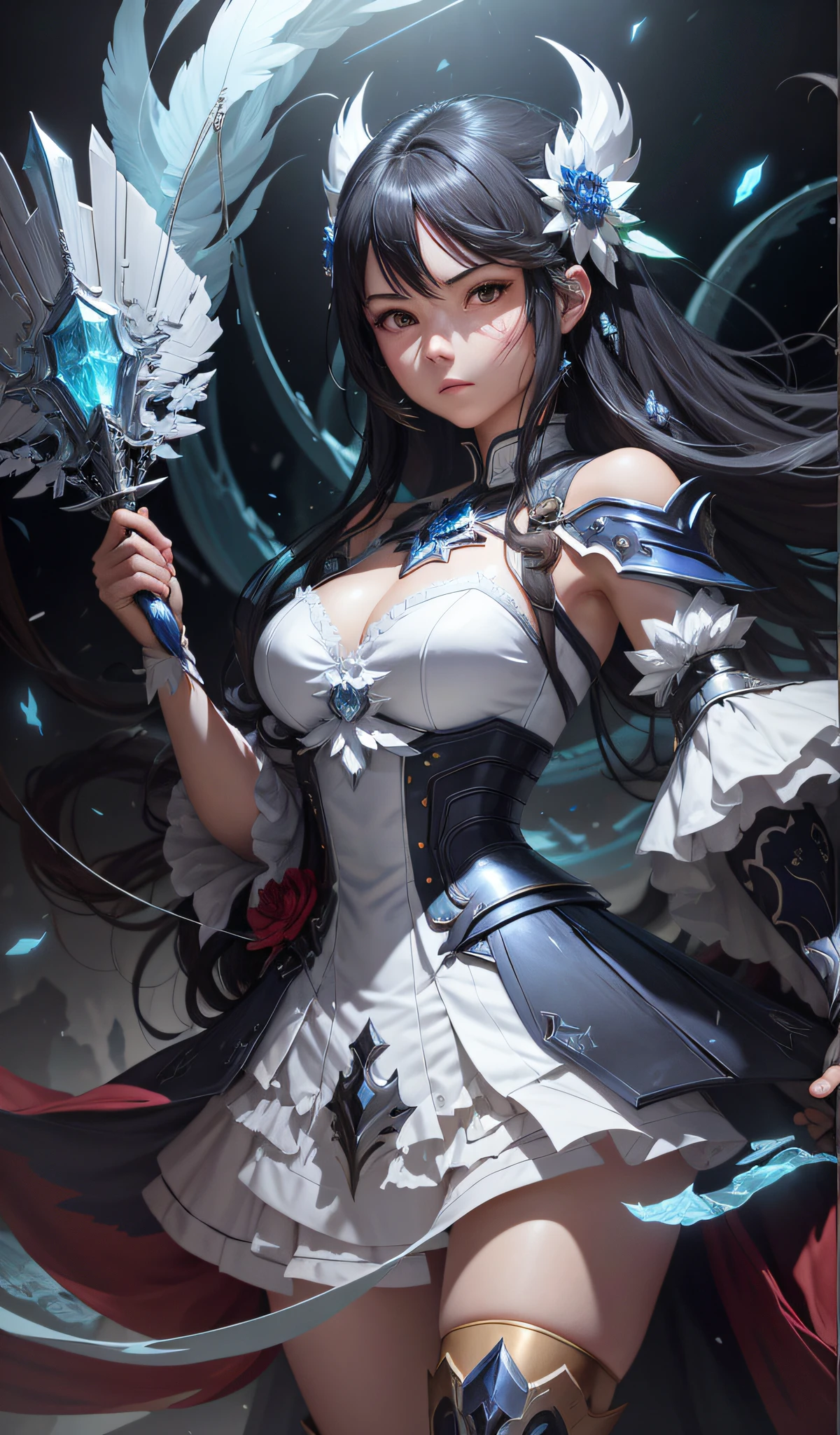 anime com uma espada e asas em um vestido branco, Artgerm extremamente detalhado, cushart krenz arte chave feminina, Artgerm em ArtStation Pixiv, por Yang J, Mago Celestial Lindo, Modelo IG | Artgerm, Preto - Mago Cabelo, Artgerm. anime illustration, Guweiz em Pixiv ArtStation, loss of a woman with flowing black hair, in a silver-blue dress with flowing round skirt, holding in his hand a fan of white feathers with ice crystals, raios de vento verde espalhados no plano de fundo, with two arms, hand with five fingers and nails, Highly detailed hands, anatomically perfect hands, olhos extremamente detalhados, Smooth expression, rosto altamente detalhado, olhos suaves e detalhados, Crisp face, bochechas rosadas, corpo altamente detalhado, anatomia perfeita, serene expression, Cheng Weipan Art Station, Sentido de Tecnologia Xiuxian, Beleza do Gelo e da Neve, Gauze manga, arte de fantasia detalhada, arte de personagem impressionante, Exquisite Epic Character Art, Armadura Complexa Bonita, maquinaria, Arte de Arte Extremamente Detalhada, arte de anime digital detalhada, Artgerm on Art Station Pixiv, garota de armadura, Cocares e Joias Complicadas Pesadas e Requintadas, Nobre Senso de Alta Tecnologia, True God Sense of Déjà Vu. raios energia verde no plano de fundo, pontas dos dedos detalhadas