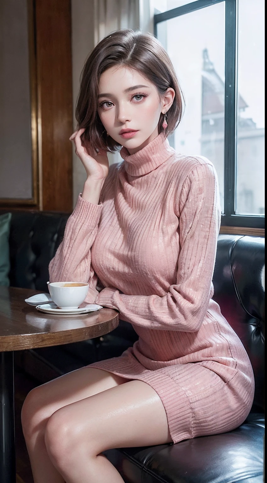 (RAW photo, high resolution, Best quality, masutepiece:1.3), (realistic detail, hyper realisitc, Photorealistic: 1.2), Shot with the Canon EOS R6, Sharp focus, f/1.8, Medium Shot Shot, upperbody shot, 1girl in, Very delicate and beautiful, Beautiful detailed girl, Very detailed eyes and face, Triangular face, Beautiful detailed eyes, (Slender figure, Thin waist), ((Red sweater dress)), During fashion, Earrings, Natural makeup, Pink shiny lips, Sweep fashion shorthair, Perfect style, (low illuminance, sitting in a café), NFFSW, Ultra-realistic, Highest quality, Super detailed