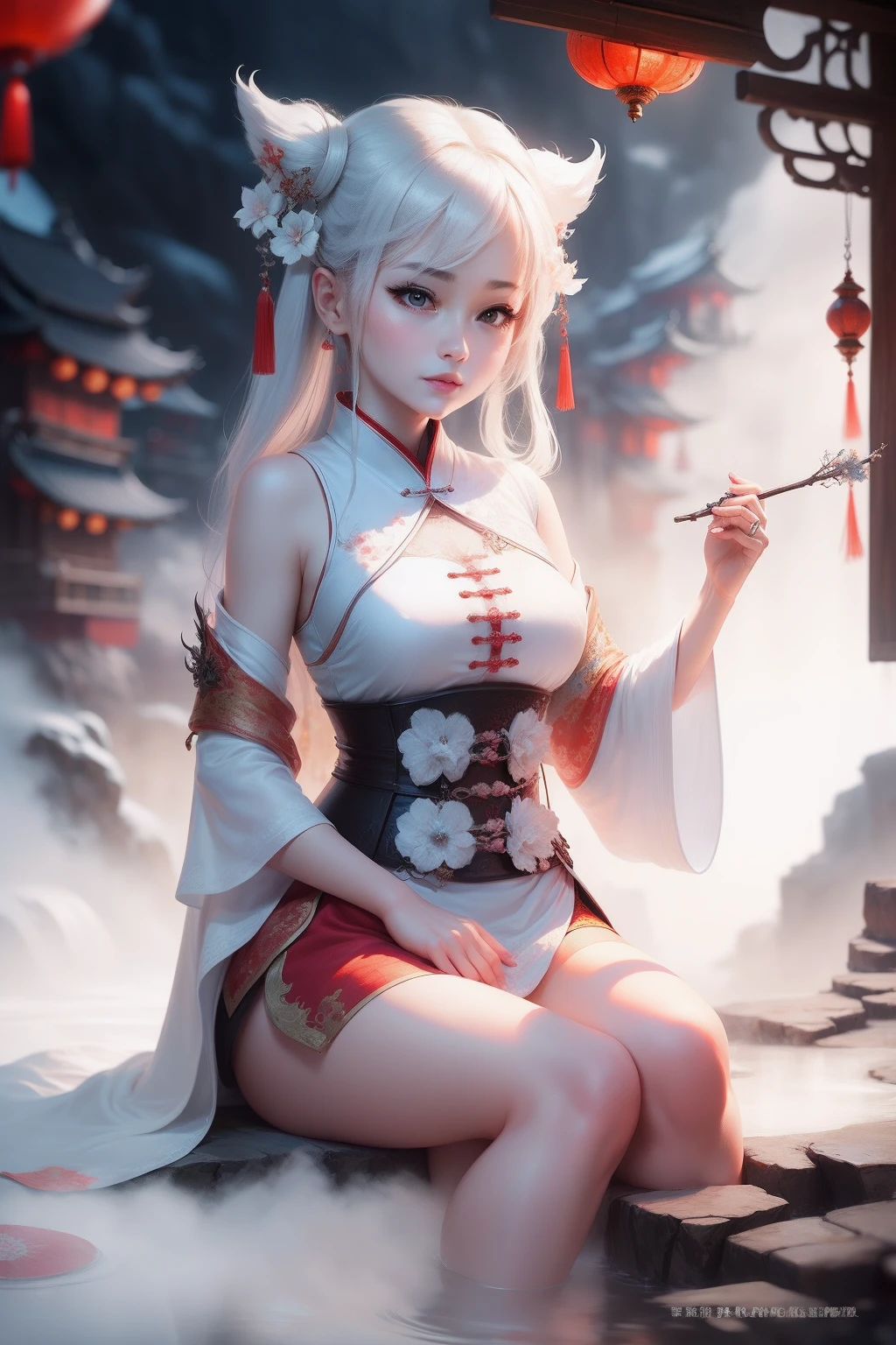 (((fenghuang))),wonderland,(((White mist))),A woman who is