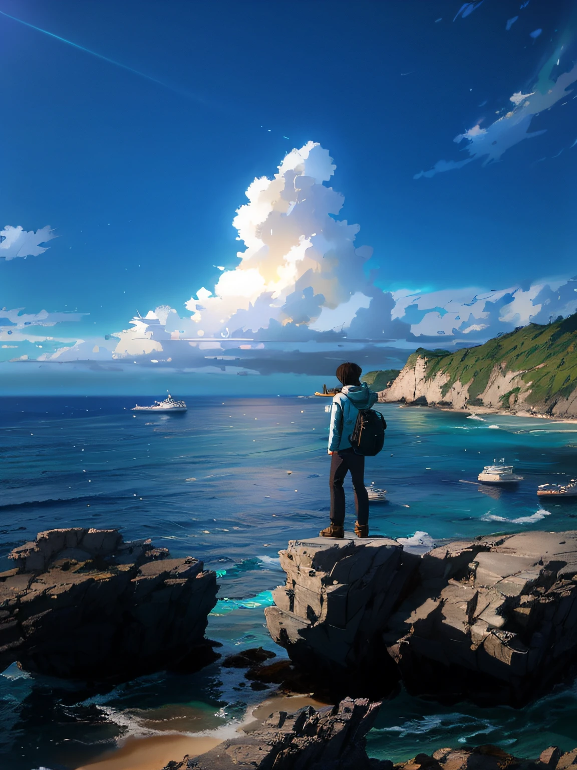 There was a man standing on a rock overlooking the sea, Makoto Shinkai. rendering by octane, Makoto Shinkai. a digital rendering, Makoto Shinkai's style, Makoto Shinkai Cyril Rolando, studio glibly makoto shinkai, Blue sea. By Makoto Shinkai, greg rutkowski makoto shinkai