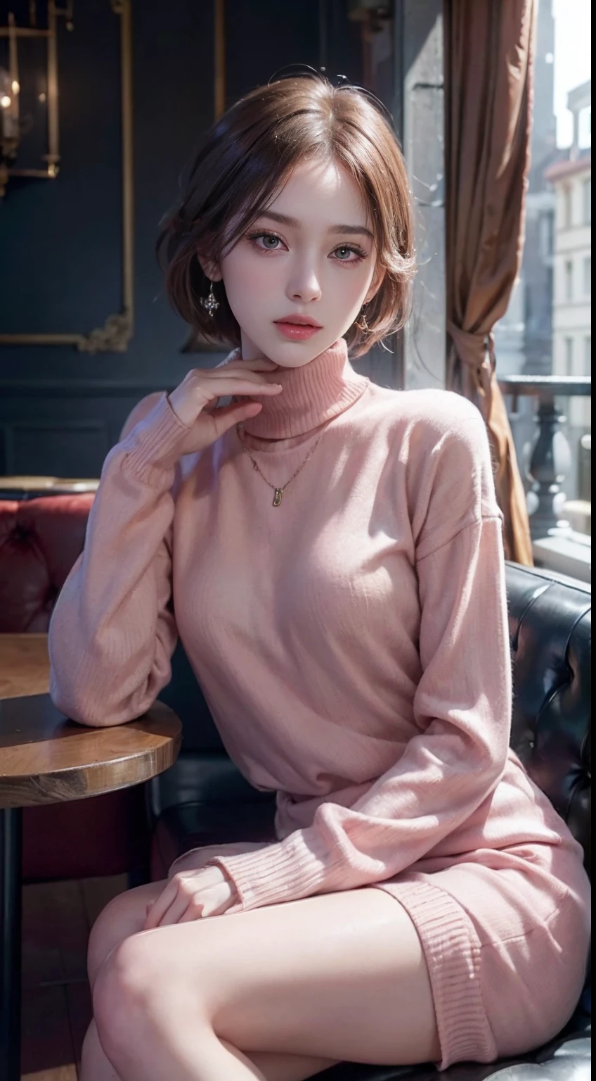 (RAW photo, high resolution, Best quality, masutepiece:1.3), (realistic detail, hyper realisitc, Photorealistic: 1.2), Shot with the Canon EOS R6, Sharp focus, f/1.8, Medium Shot Shot, upperbody shot, 1girl in, Very delicate and beautiful, Beautiful detailed girl, Very detailed eyes and face, Triangular face, Beautiful detailed eyes, (Slender figure, Thin waist), ((Red sweater dress)), During fashion, Earrings, Natural makeup, Pink shiny lips, Sweep fashion shorthair, Perfect style, (low illuminance, sitting in a café), NFFSW, Ultra-realistic, Highest quality, Super detailed