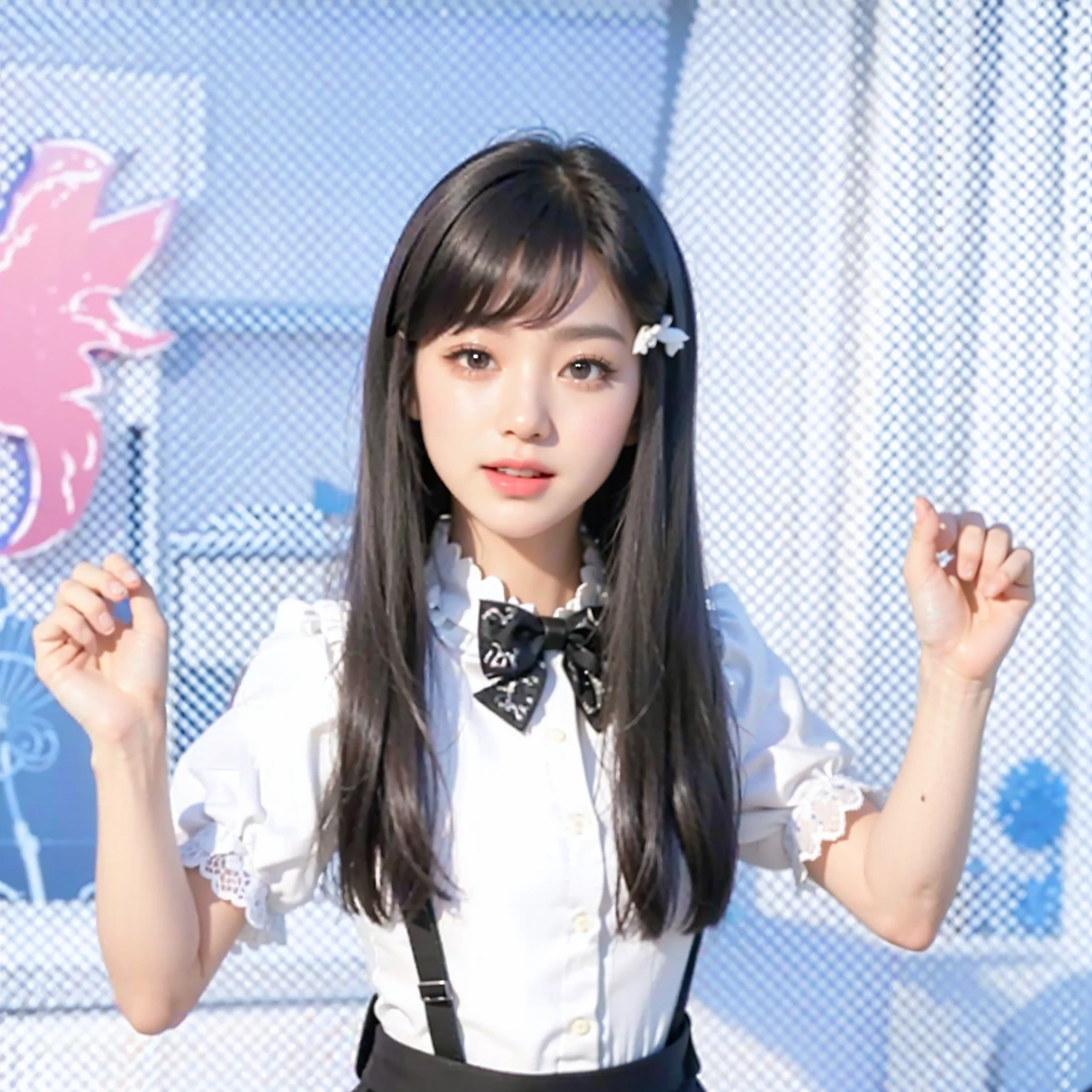 Araffe girl in a white shirt and black suspenders posing for a picture ...