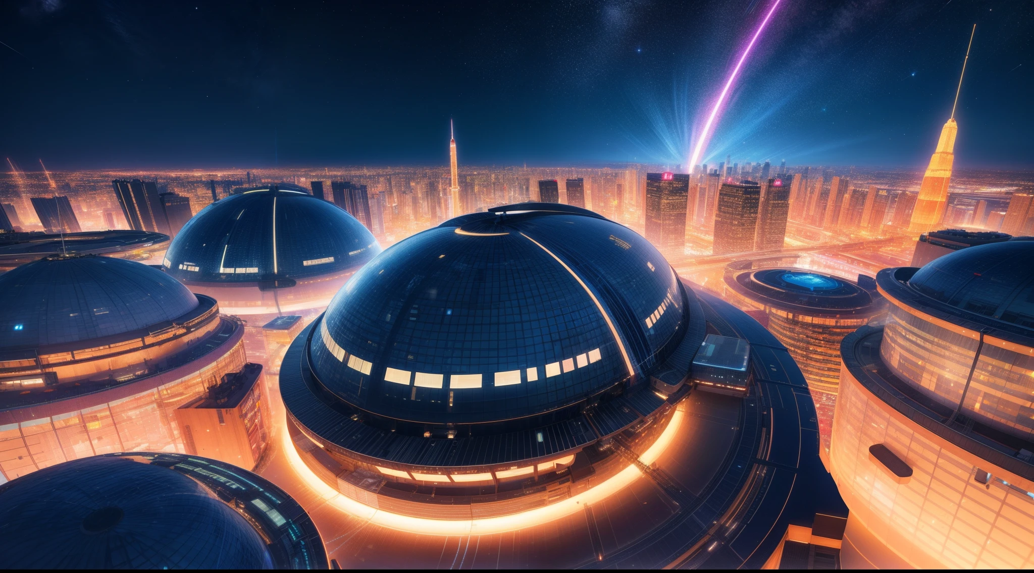 amazing space city floating in outer space. The city is made up of futuristic buildings with intricate and innovative engineering design, glowing with sparkling neon colors. network of high-tech tunnels and bridges connects the different buildings together. There are spaceships flying in the sky, glowing in a variety of colors and leaving shiny trails in their wake. The city has unique shops, restaurants and entertainment centers, where people from different planets gather to enjoy a unique and exciting experience, ((in the night)), 8k, high quilty, realistic, beautiful realistic, Cool details, raw photo, Light and cool lighting, photo realistic, Cel shaded, Gel lighting, ultra details, 3d realistic