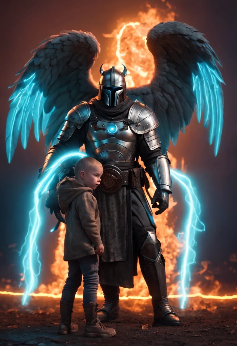 ((Masterpiece))),(((Best quality))),(((Amazing detail))),((illustration)),((A high resolution)),((8K)), father protects son holding a Spartan metal shield material,neon, fire neon light,pov,from falling from the sky bounces off the shield and misses father and kneeling son are both sorrounded by beautiful guardian angels that have a blue neon glow to them around father and son all is ,dark fantasy,Black atmosphere,overcast,realistic,Photorealistic painting art, father uses a Spartan combat shield for protectection it has a Rich texture, complex headwear,the whole body,full body,gear background,steam, father shields Son from Celestial fire rain fall neon fire psychodelic colors ultra bright