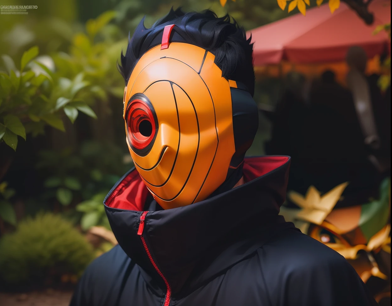 ((8k resolution)) ((Character Uciha Obito)) (( Uciha Obito) boy's, Mask on a face, Black hair, Black dress, red a accessoric dress, Character Uciha Obito, Realistic, Ultra Detail,