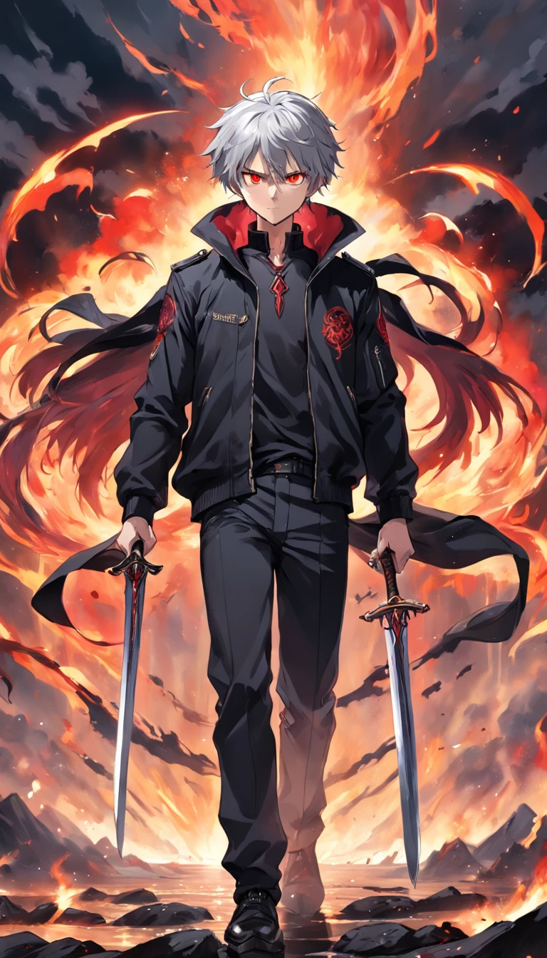 A gray-haired, The red-eyed man wears a black jacket, Sword formation,Lots of swords around,Turbulent flames
