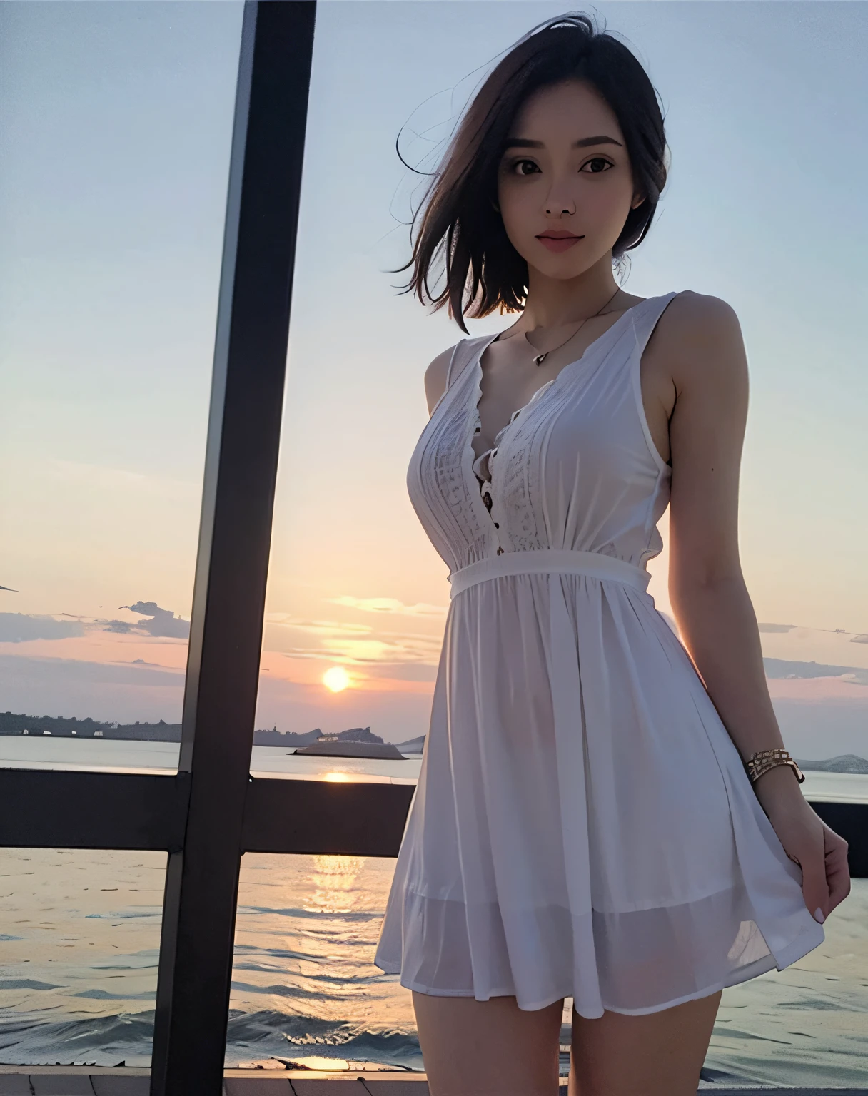 high quality、Realistic and photo-like、15 year old beautiful girl、see-through white dress、full body portrait、The lines of the body are clearly visible、Seaside at sunset、Black hair smiling shyly、have bangs、Fair skin、thin eyebrows、bob hair、big breasts、A presence that is out of this world、