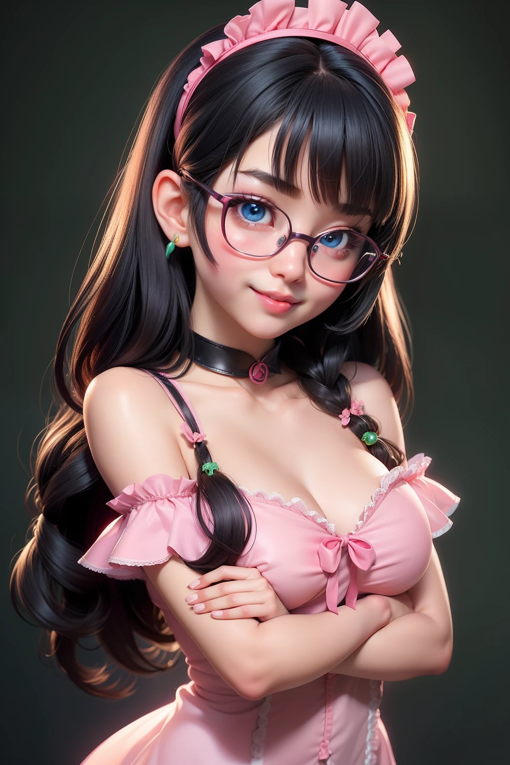 1girl, cute japanese girl, big eyes, sensual face, seductive smile, solo, long hair, see through, open erotic maid dress, detailed pattern on dress, neon blue eyes, nipples slip, pink perfect areolae, cum at breast, sperm liquid at breast, flower headband, collar, collarbone, red sensual lips, off shoulder, perfect round breast, small breast, cleavage, underboobs, erotic, nsfw, glasses, blush, seductive smile, cute face, looking at viewer, sexy pose, bright green flat background, dark black hair, simple background, sexy pose, lips, closed mouth, ribbon, hair ribbon, stellar earings, bangs, upper body, parted bangs, red ribbon