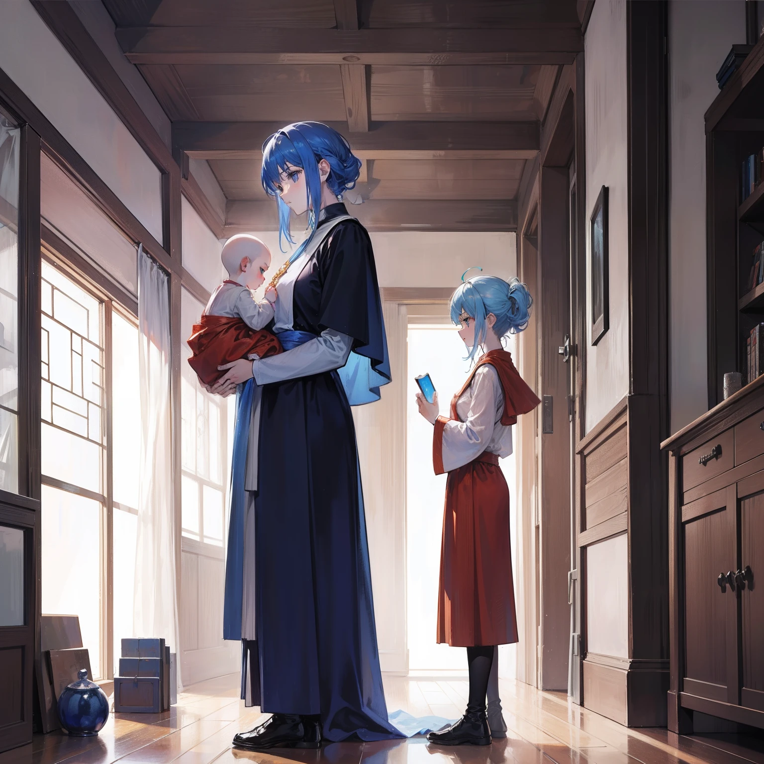 Ice forms monks,Intellectual couple holding child,1 boy and girl in the room