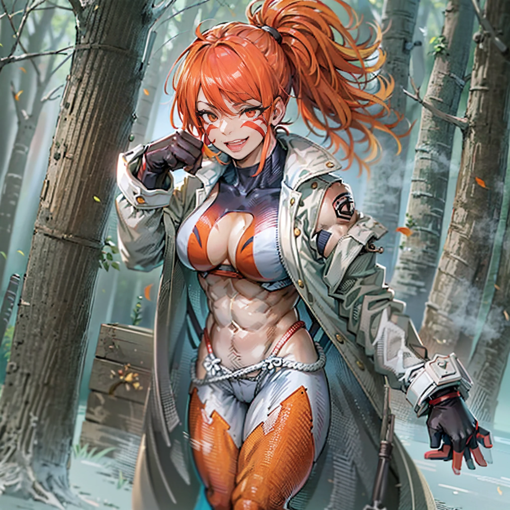 ((Masterpiece:1.3)), ((Best quality:1.4)), nous, Maintenant, grosse poitrine,bottes blanches, pantalon,manteau, Musclegirl, marche, sourire, cheveux longs, Contexte forestier, Ouest, portrait, Fuuma Kotaro, Tenkaichi, grand, muscular female, orange Scarlet hair, veines sur les muscles