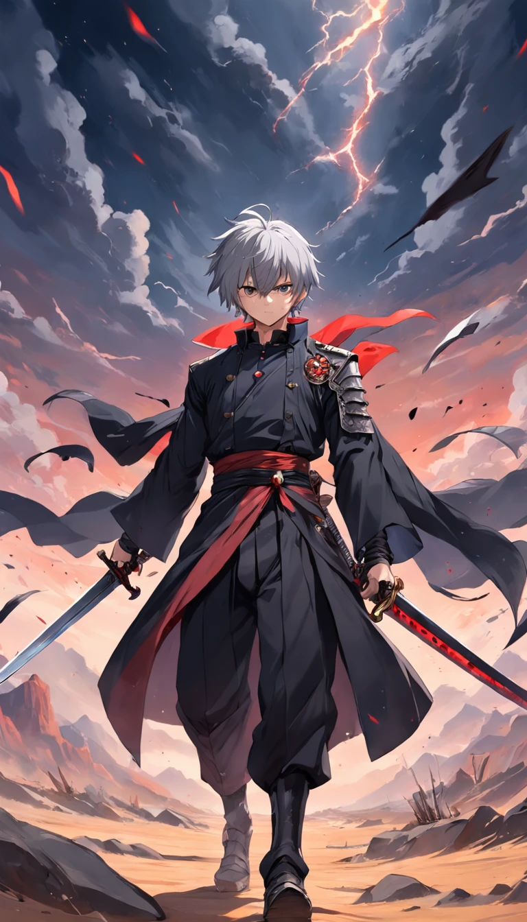 A gray-haired, The red-eyed man wears a black jacket, Sword formation,Lots of swords around,The ground is full of swords。A desert