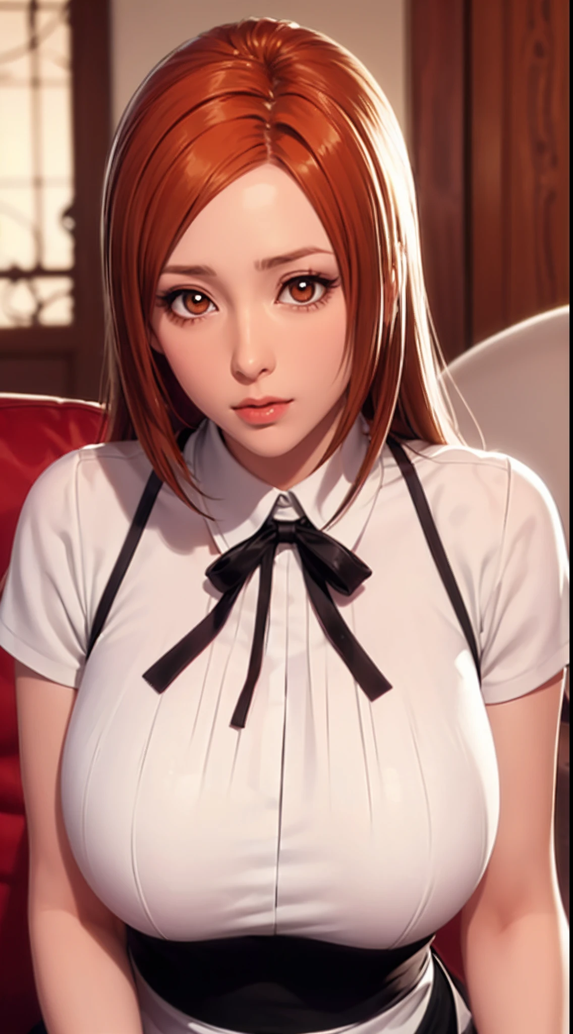 inoueorihime, Long hair, Orange hair, (Brown eyes:1.5),((Masterpiece)),A high resolution, ((Best quality))，tmasterpiece，top-quality，best qualityer，（（（Orihime,with brown eye， looking at viewert, There is light in the eyes，Orange hair，Hair decoration））），（（（Light and shadow interlace，white skinned，huge boob，Raised ，laughingly，self-assured，White color blouse，Black apron））），