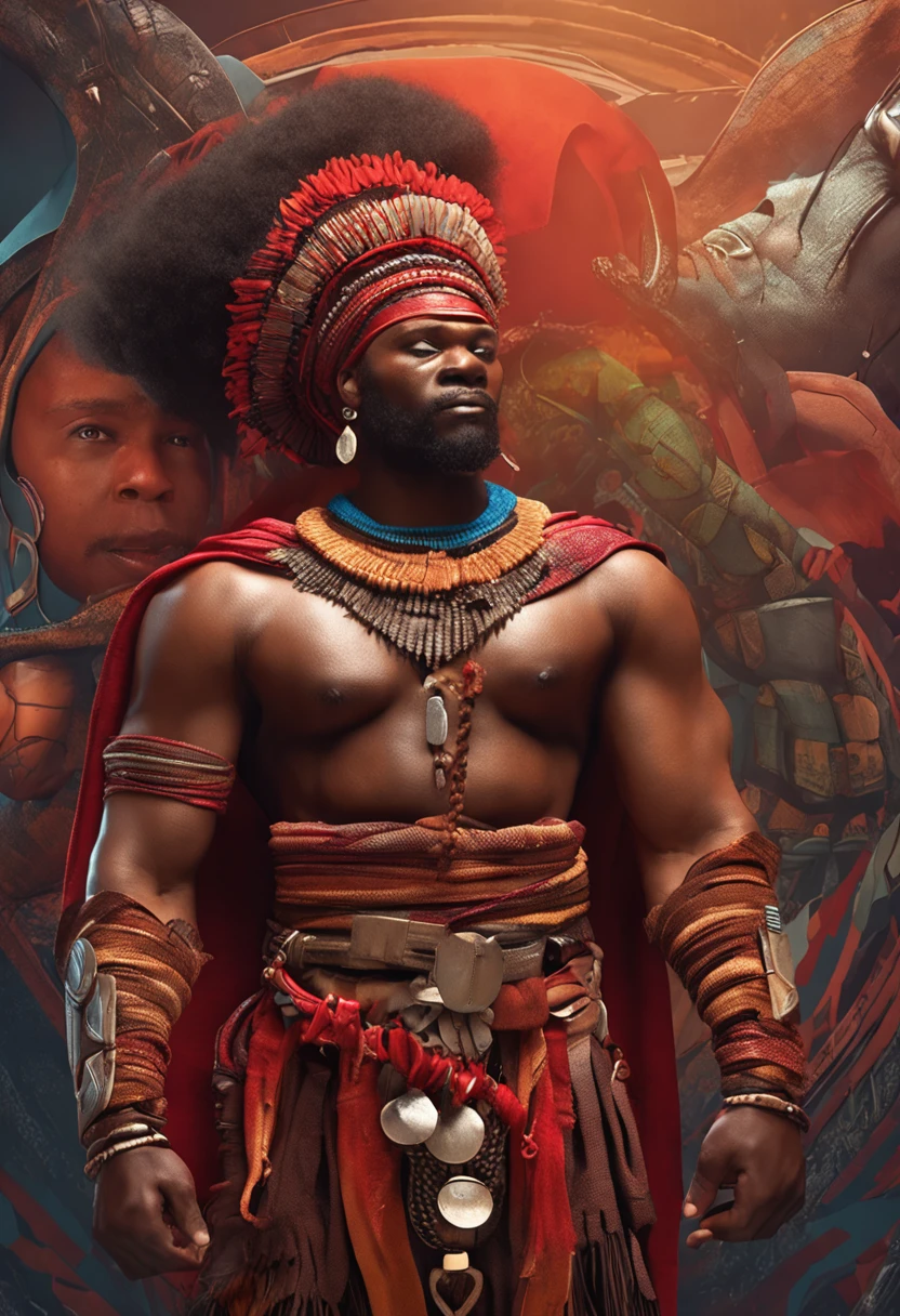 imagine Uma versao animada em 3D no estilo da Pixar realista de Foto de arte mais bonito do mundo, Xangó , The African Orisha, homem forte,roupas vermelha ,Orisha of the duality of the men of Thunder ,vermelho, vestindo um ade detalhado e intrincado, olhar suave, cosmic god,impressionismo,Afrofuturista