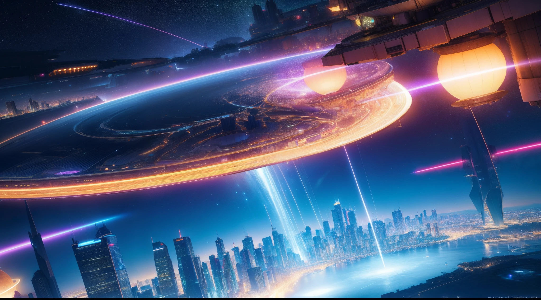 amazing space city floating in outer space. The city is made up of futuristic buildings with intricate and innovative engineering design, glowing with sparkling neon colors. network of high-tech tunnels and bridges connects the different buildings together. There are spaceships flying in the sky, glowing in a variety of colors and leaving shiny trails in their wake. The city has unique shops, restaurants and entertainment centers, where people from different planets gather to enjoy a unique and exciting experience, ((in the night)), 8k, high quilty, realistic, beautiful realistic, Cool details, raw photo, Light and cool lighting, photo realistic, Cel shaded, Gel lighting, ultra details, 3d realistic