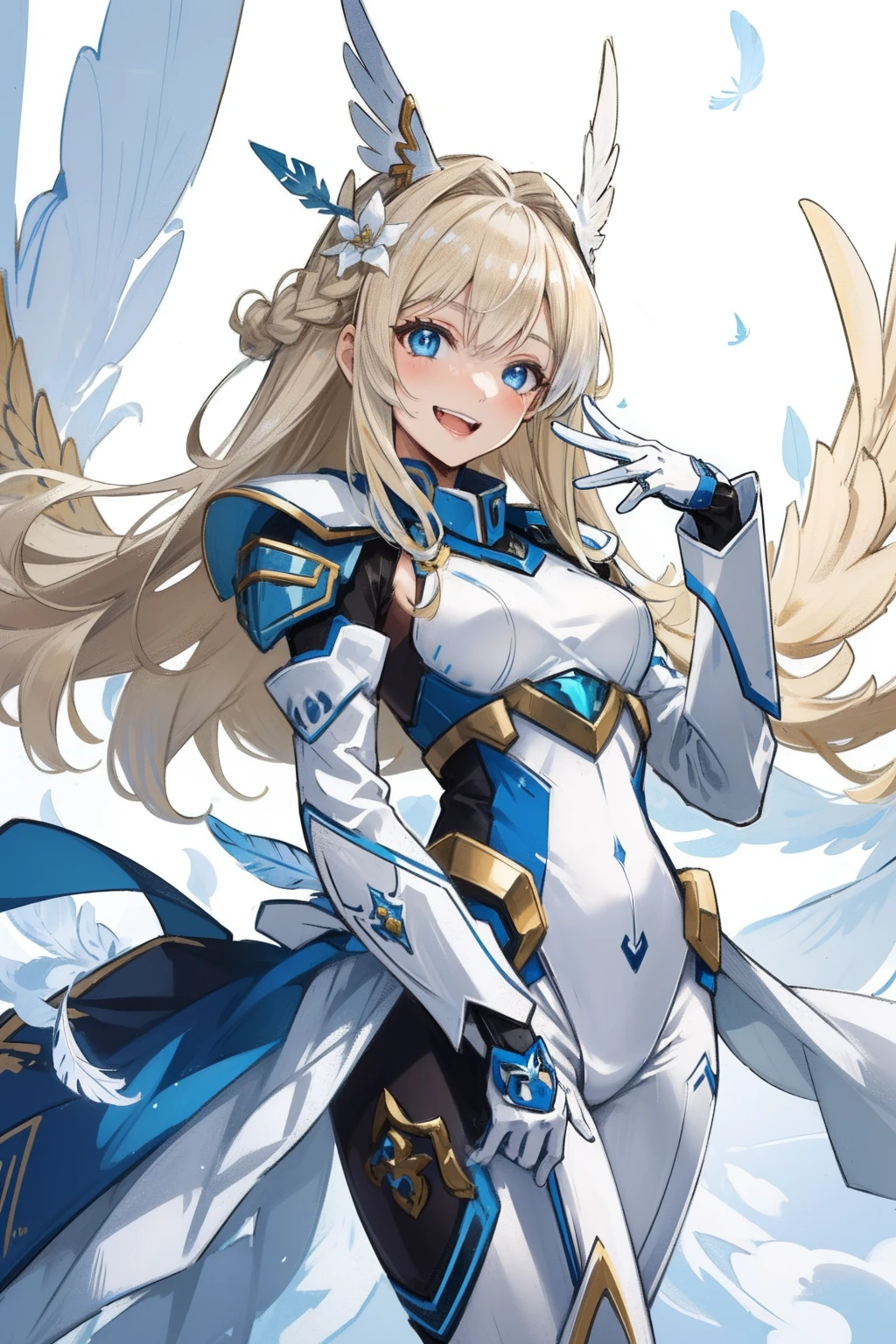 (master piece, Best Quality), Intricate details, valkyrie, kawaii, Happy, (((Laugh))), Villainous smile, Hand up, Looking at Viewer, Feather Headgear, Flower meadow,
1 girl in, Solo, Portrait, Tentacle Plutinum Blonde Hair, drooping iceblue eyes, Silver Single Thigh, White Independent Single Sleeve, gloves, braid,
mecha musume, White bodysuit, Silver Reinforced Suit, Mini Feather Wing, silver pantyhose, full armor, flower decoration, equip sword,