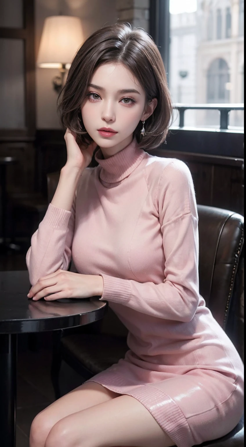 (RAW photo, high resolution, Best quality, masutepiece:1.3), (realistic detail, hyper realisitc, Photorealistic: 1.2), Shot with the Canon EOS R6, Sharp focus, f/1.8, Medium Shot Shot, upperbody shot, 1girl in, Very delicate and beautiful, Beautiful detailed girl, Very detailed eyes and face, Triangular face, Beautiful detailed eyes, (Slender figure, Thin waist), ((sweaterdress)), During fashion, Earrings, Natural makeup, Pink shiny lips, Sweep fashion shorthair, Perfect style, (low illuminance, sitting in a café), NFFSW, Ultra-realistic, Highest quality, Super detailed