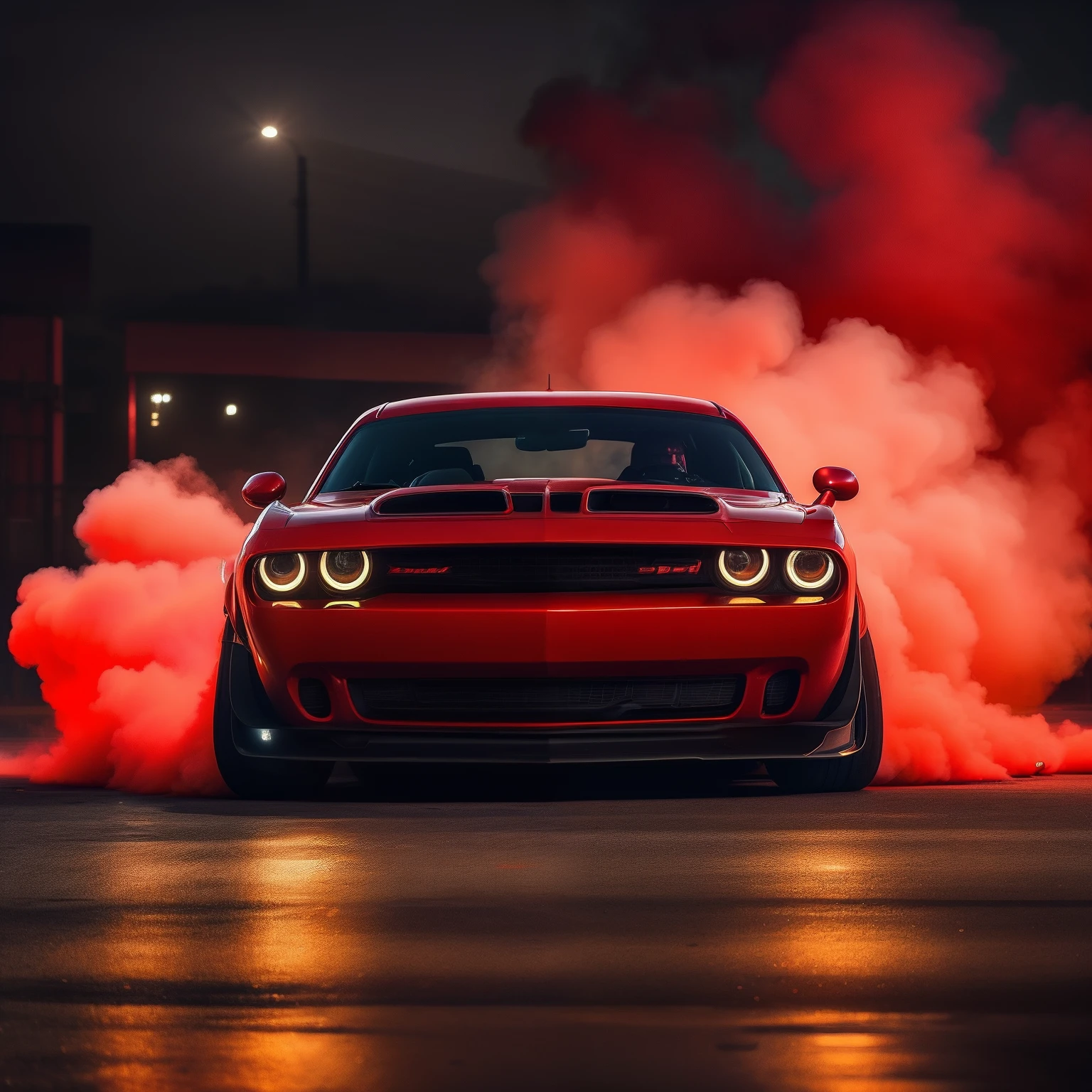 tmasterpiece,4k高清,Dodge Challenger Demon Photo Red headlights ,Red,Muscle sports car,The demons,tires,shadowing,Cinematic lighting,Surrounded by smoke,Turn on the headlights,telephoto lenses,Wasteland,nigth,Wallpaper level,hdr