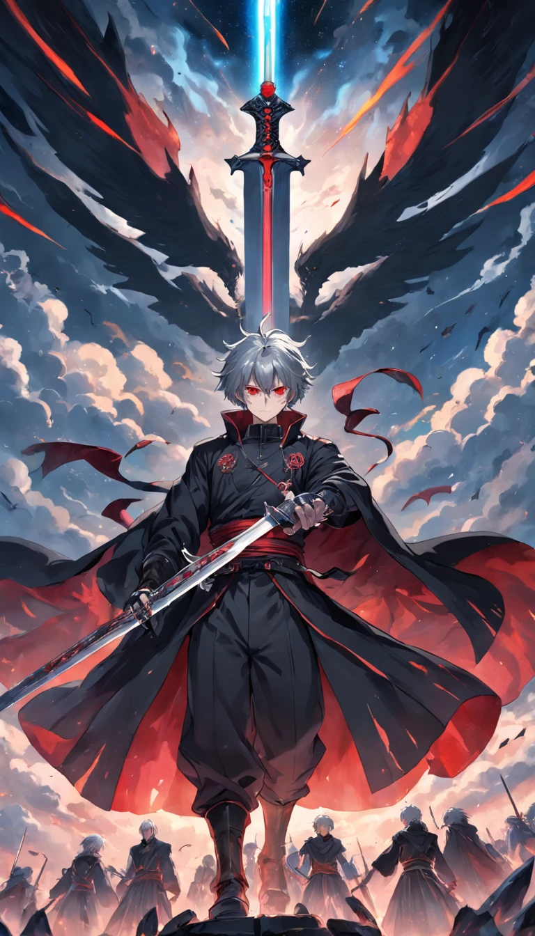 A gray-haired, The red-eyed man wears a black jacket, Sword formation，Lots of swords around，Top view，Skysky，Sword formation