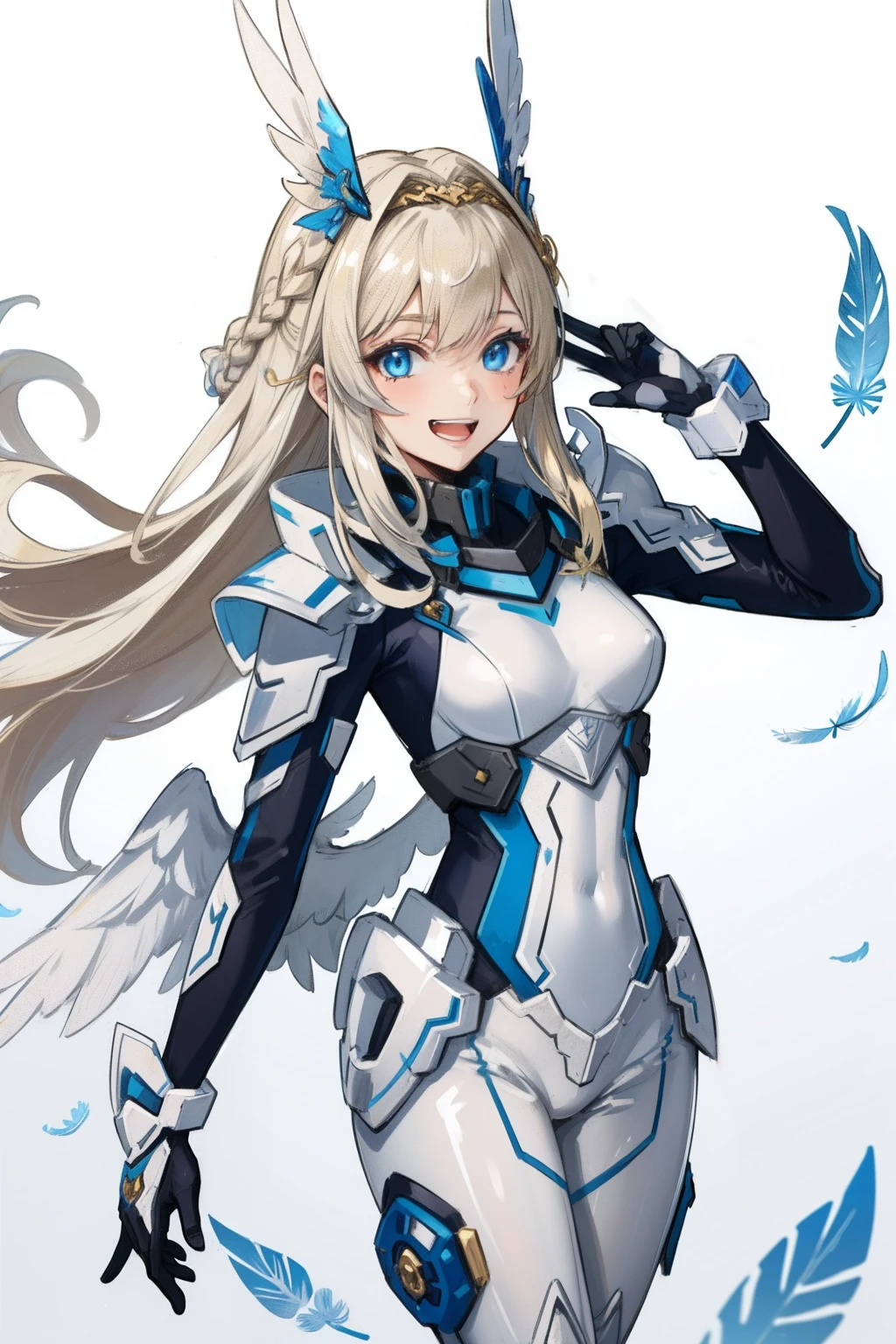 (​master piece, Best Quality),  Intricate details, valkyrie, kawaii, Happy, (((Laugh))), Villainous smile, Hand up, Looking at Viewer, Feather Headgear, Flower meadow, 
1 girl in, Solo, Portrait, Tentacle Plutinum Blonde Hair, drooping iceblue eyes, Silver Single Thigh, White Independent Single Sleeve, gloves, braid, 
 mecha musume, White bodysuit, Silver Reinforced Suit, Mini Feather Wing, silver pantyhose, full armor, flower decoration, equip sword,