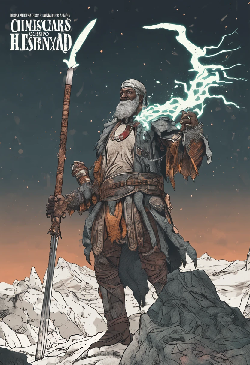 capa de livro imitando o poster de senhos dos aneis, um homem loiro de queixo quadrado segurando a espada de fundo. mais a frente um arqueiro apontando seu arco, loiro e mais fraco, um homem usando capus verde escondendo o rosto, um feiticeiro de barba longa segurando um cajado, um garoto negro magrelo  segurando uma adaga, um principe de ombros largos e cabelo longo preto.  uma fada alaranjada usando vestido de fogo. um elfo segurando uma espada. A flesh-eating faun with spiral-shaped horns, its coat thin, and
Black, her hands had huge, pointy, dirty nails with a skeletal appearance.
narrow, red eyes, dentes enormes afiados.