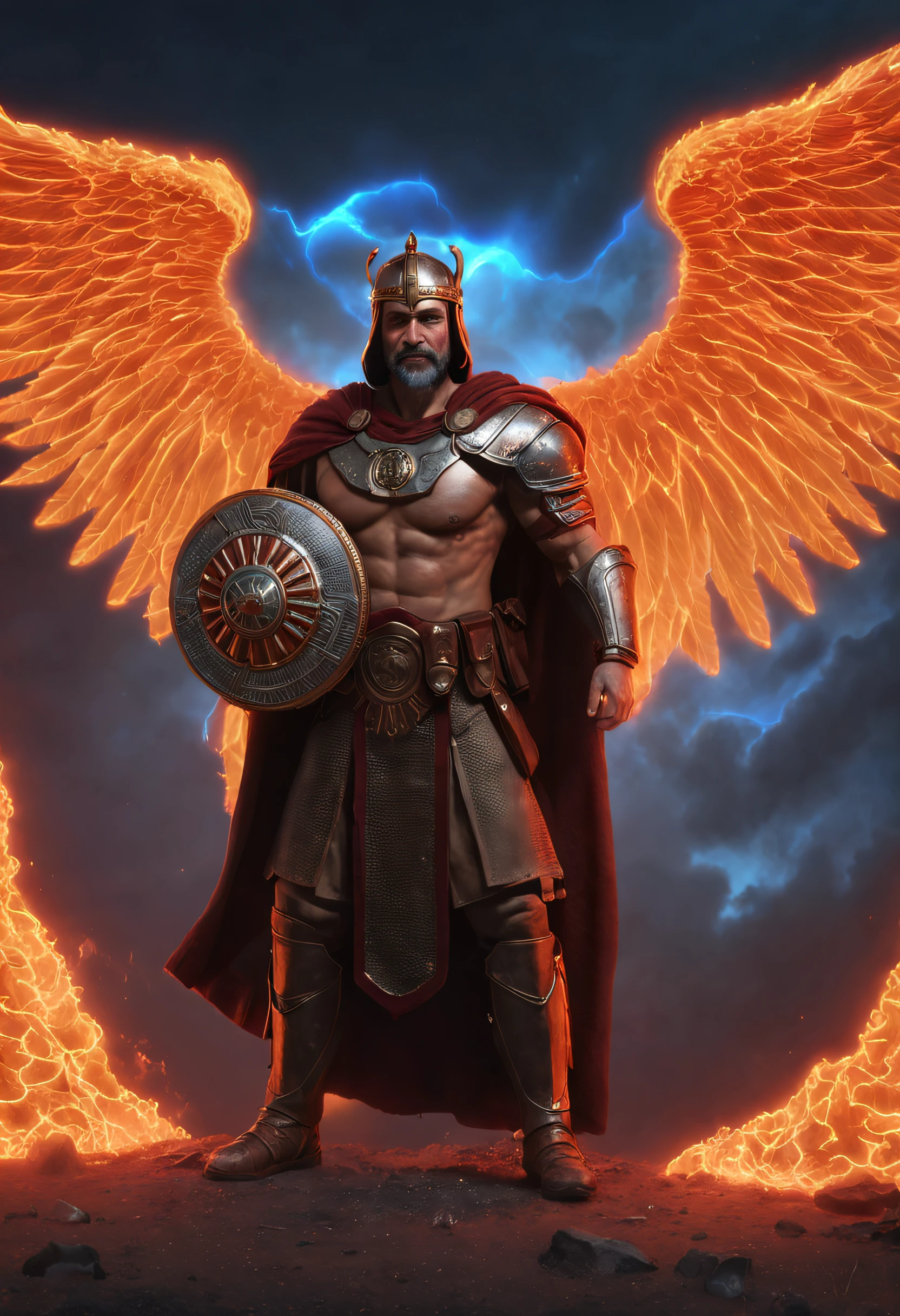A man like Persian king Darius the Great, long black beard like Achaemenid Persian, Very long beards, angry, Cloudy sky, red royal crown with gold chains, real quality like game, 4k, very muscular body, long black hair, two big black wings, iron scepter in hand, angry and angry, like God, like Persian king Darius, his face like super villain , the weather is stormy and rainy, he looks at the sky, high quality --auto