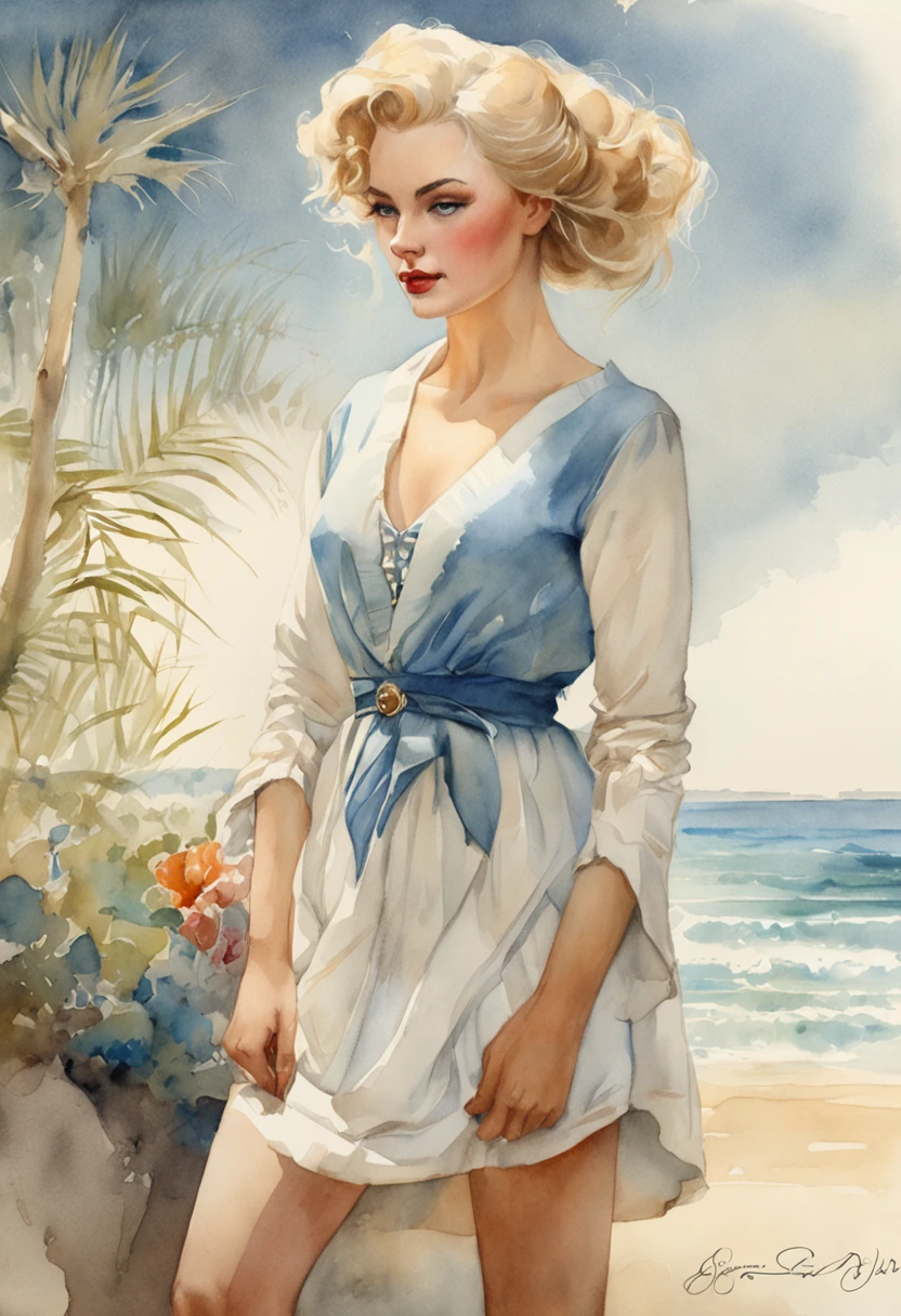 ((Best quality masterpiece)), ((highly detailed)), high resolution. Vintage watercolor of a beautiful woman with blond hair and blue eyes, very similar to Martine Carol, wearing a French pin-up style blue cropped sweater, in front of a tropical beach. Whole body image. inspired by graphic artist Magali Villeneuve, Monet, Charlie Bowater Artgeem, Tom Bagshaw, Darius Zawadzki and Tom Bagshaw