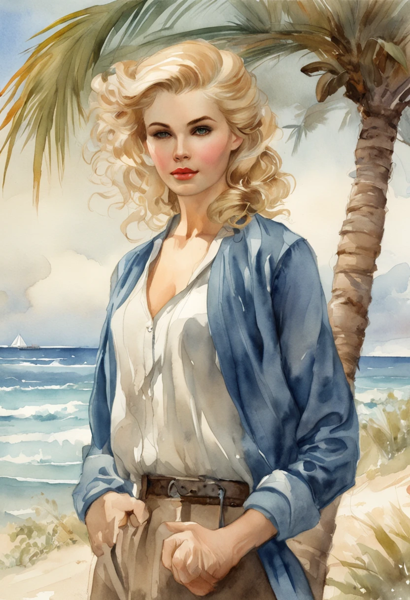 ((Best quality masterpiece)), ((highly detailed)), high resolution. Vintage watercolor of a beautiful woman with blond hair and blue eyes, very similar to Martine Carol, wearing a French pin-up style blue cropped sweater, in front of a tropical beach. Whole body image. inspired by graphic artist Magali Villeneuve, Monet, Charlie Bowater Artgeem, Tom Bagshaw, Darius Zawadzki and Tom Bagshaw