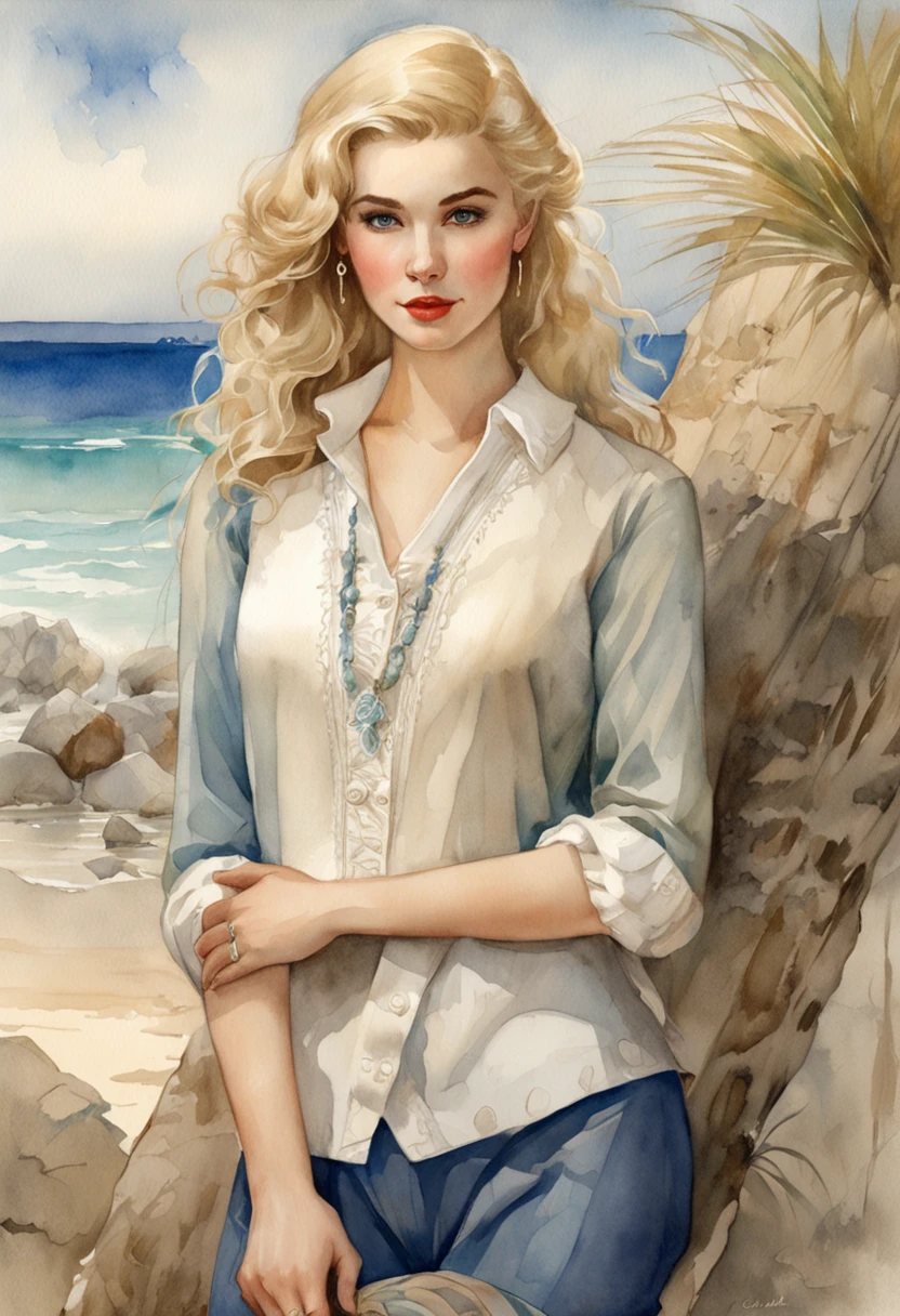 ((Best quality masterpiece)), ((highly detailed)), high resolution. Vintage watercolor of a beautiful woman with blond hair and blue eyes, very similar to Martine Carol, wearing a French pin-up style blue cropped sweater, in front of a tropical beach. Whole body image. inspired by graphic artist Magali Villeneuve, Monet, Charlie Bowater Artgeem, Tom Bagshaw, Darius Zawadzki and Tom Bagshaw