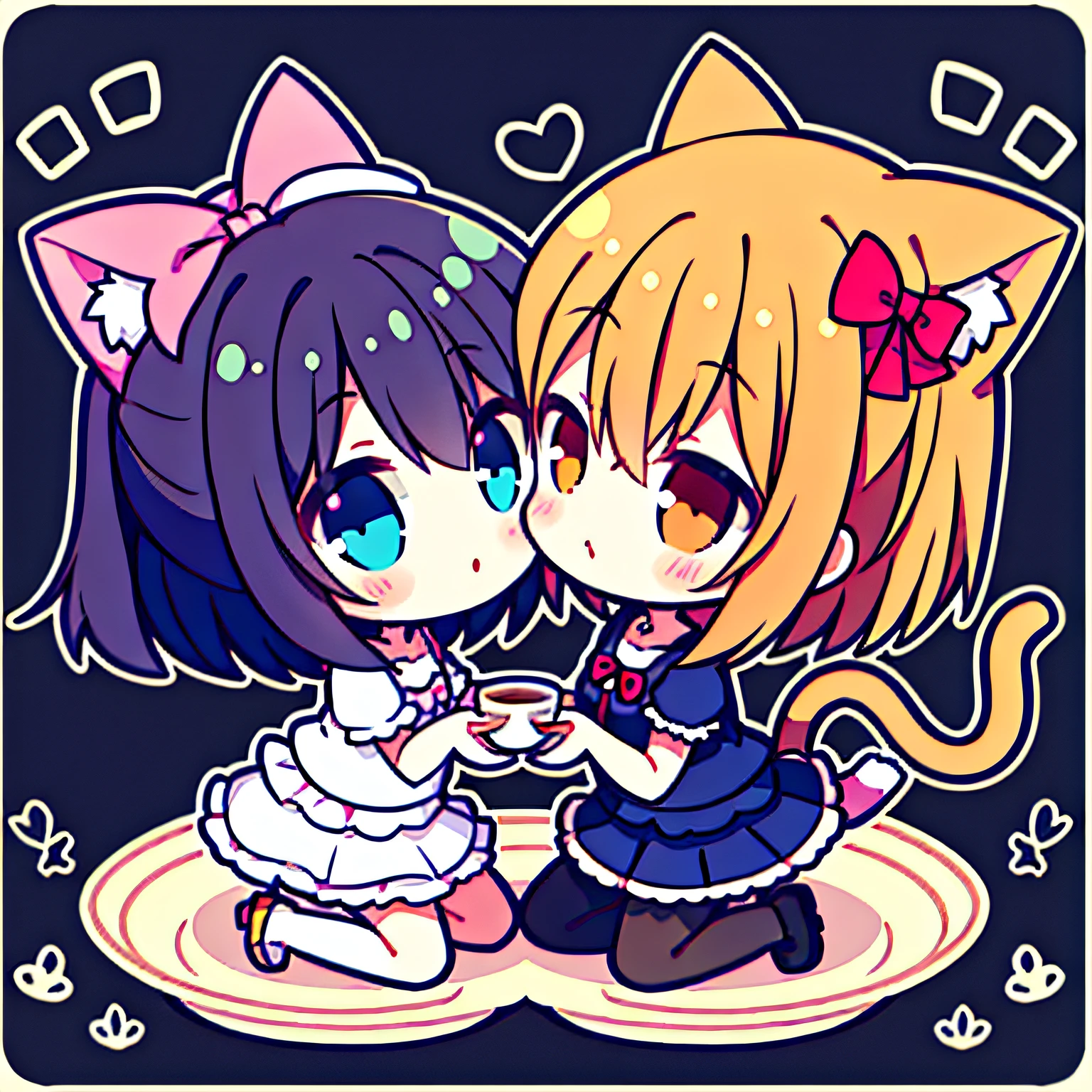 2girls,chibi,cat ears, kiss,yuri, coffee cup,symmetrical pose, tail, head rub, in cup,speak heart,