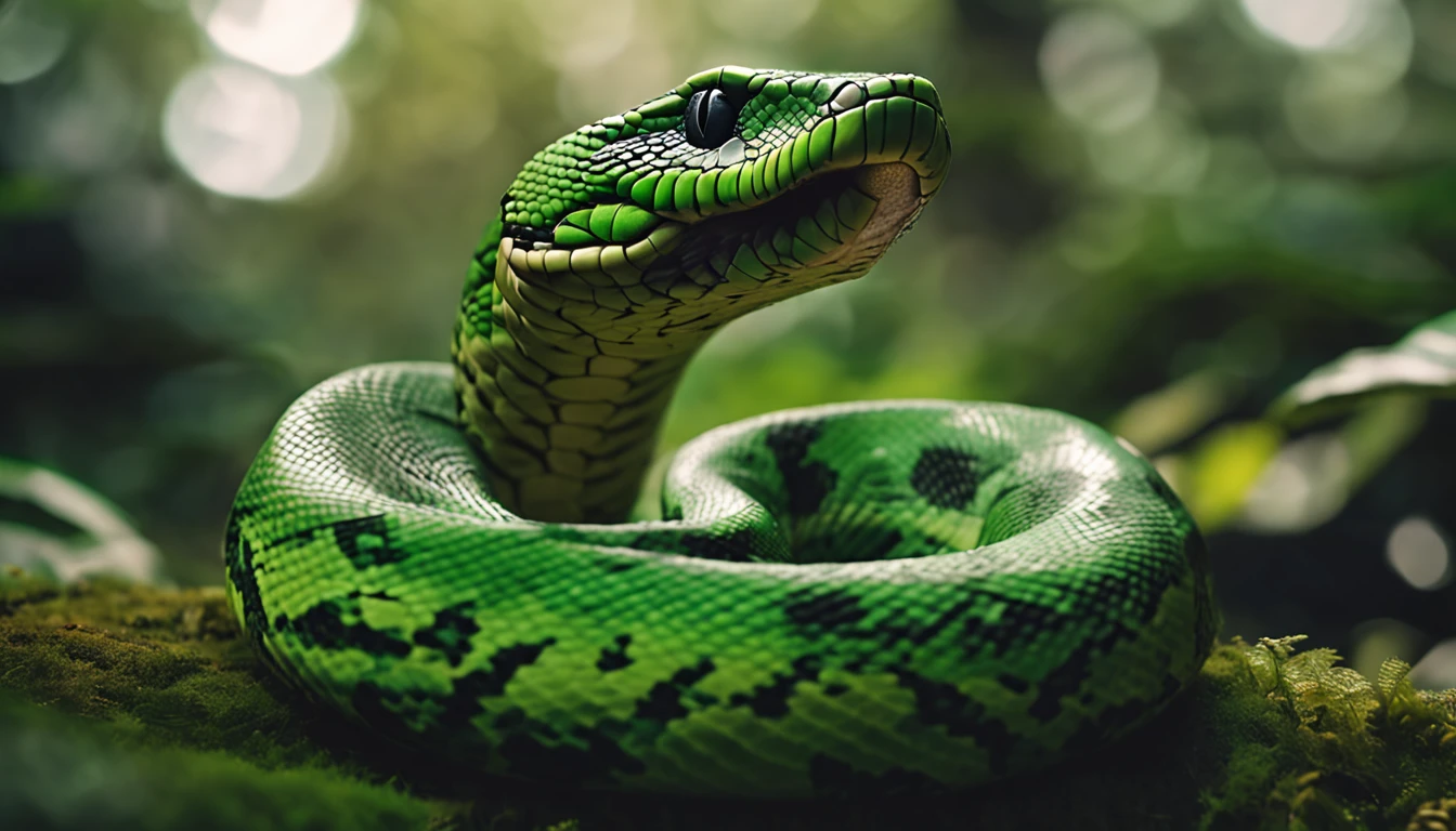 High nation-geographic symmetrical close-up portrait shoot in green jungle of an expressive snake, anamorphic lens, ultra-realistic, hyper-detailed, green-core, jungle-core –ar 16:9 –q 2 –v 5