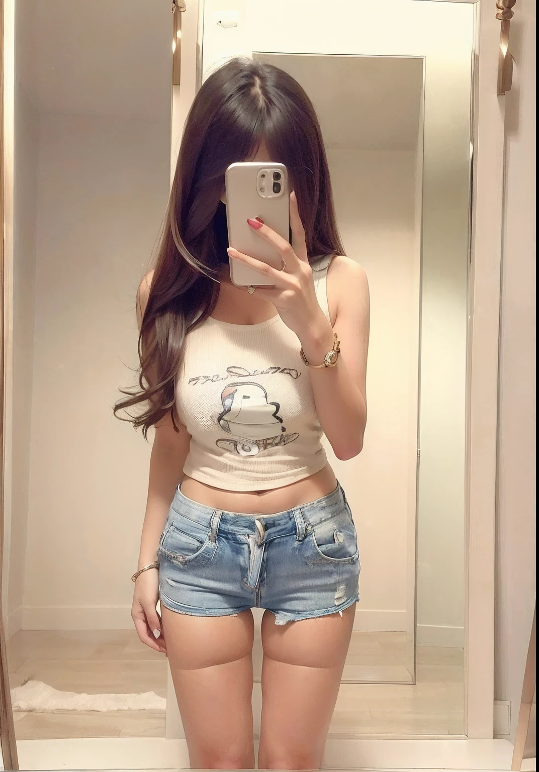 there is a woman that is taking a selfie in a mirror, cute top, With cream white t-shirt, ( ( ( Wearing short jeans ) ) ), cutecore, Wearing a vest, Full body picture, wearing a cute top, 2 4 year old female model, Wearing : vests, full body cute young lady, skinny waist and thick hips