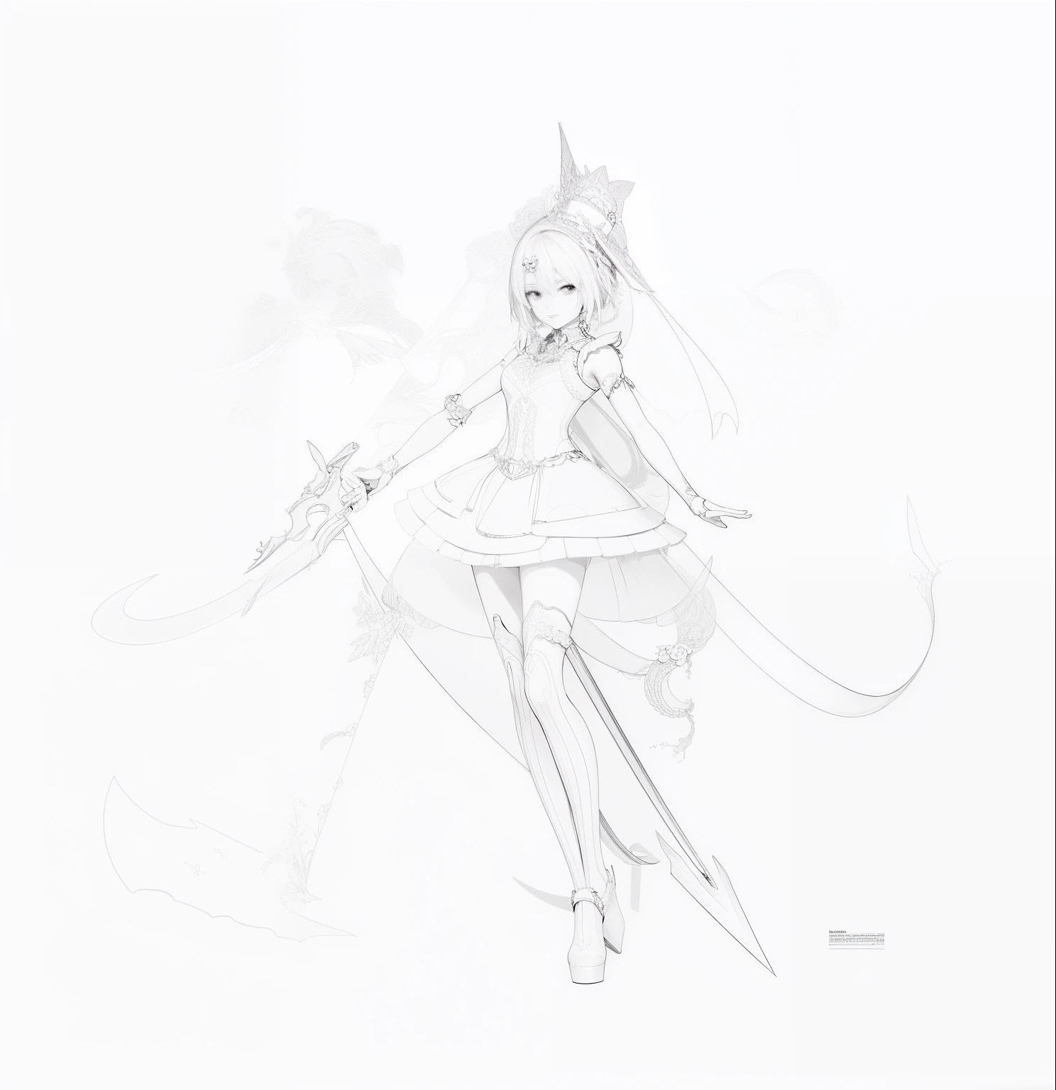 a drawing,A woman in a dress with a sword, clean anime outlines, clean lineart, intense line art, perfect lineart, linear art, lineart behance hd, Simple lines of art, Outline sketch, variable lineart, bold lineart, Line art, sharp lineart, mechanized witch girl, full body concept, thick lineart, Line art!!
