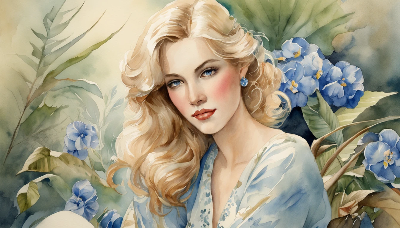 ((Best quality masterpiece)), ((highly detailed)), high resolution. Vintage watercolor of a beautiful woman with blond hair and blue eyes, very similar to Martine Carol, wearing a French pin-up style blue cropped sweater, in front of a tropical beach. Whole body image. inspired by graphic artist Magali Villeneuve, Monet, Charlie Bowater Artgeem, Tom Bagshaw, Darius Zawadzki and Tom Bagshaw