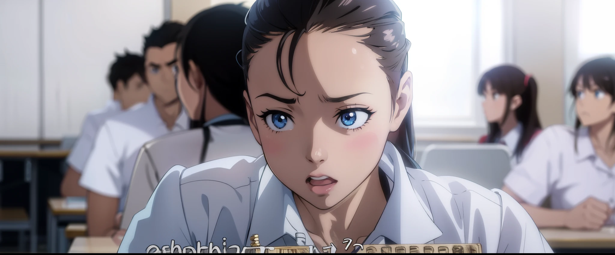 anime scene,girl shock face, classroom background