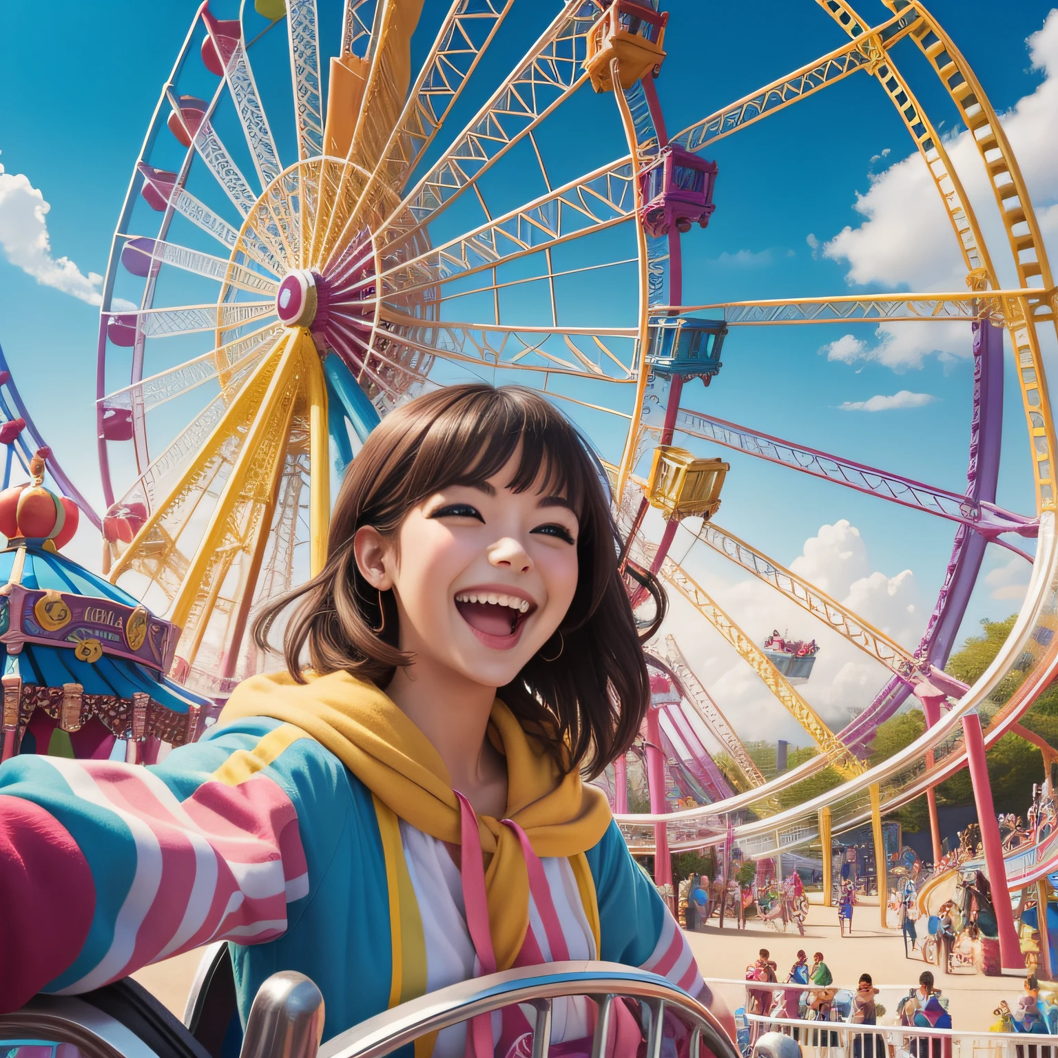 Close-up of happy people at The most beautiful and fun amusement park, colorful, happiness, highly detailed, perfect composition, amusement park advertisement, lots of details