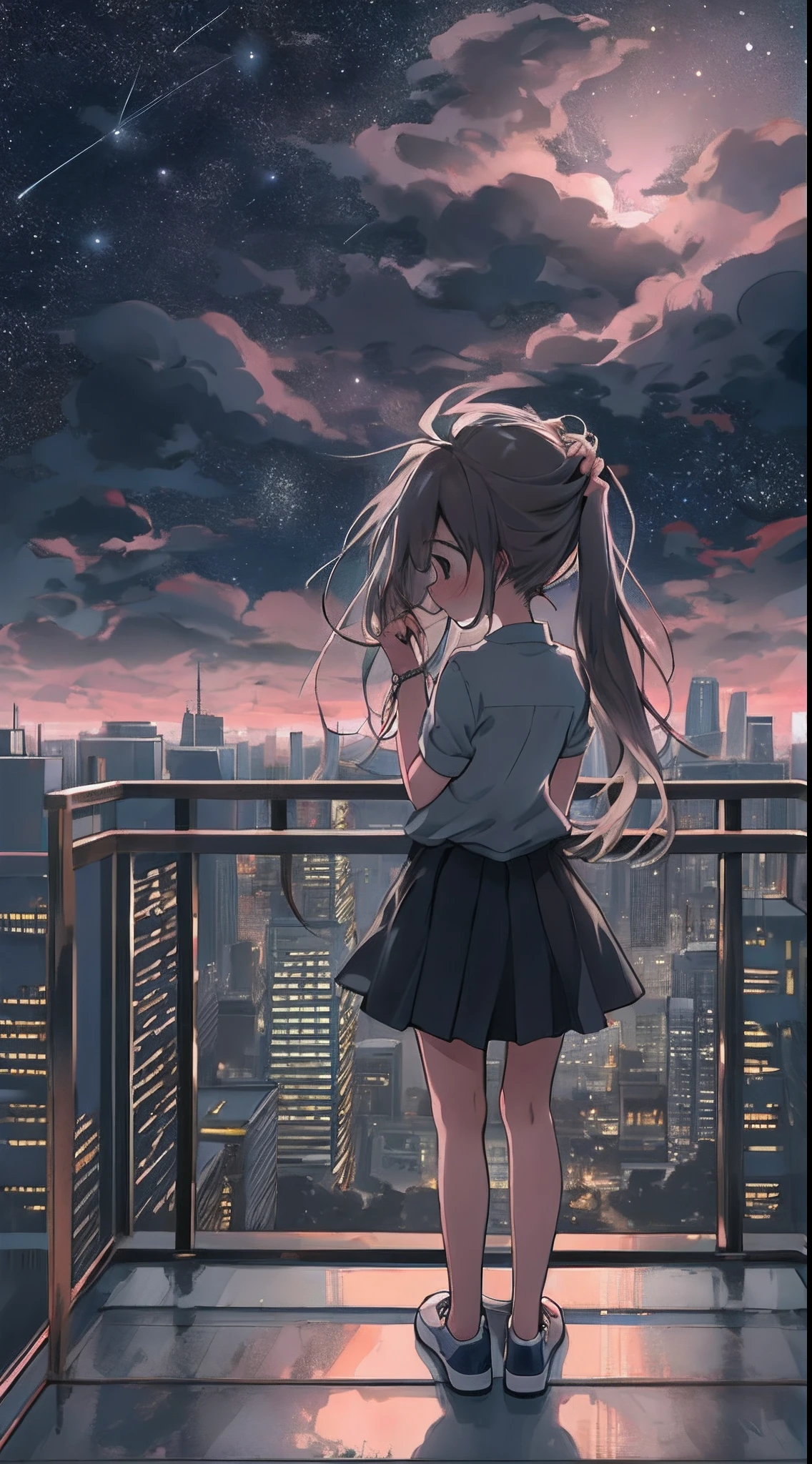 A cute standing on a balcony, clutching her hair in despair, with a rundown cityscape and dark cloudy sky outside, ,in the style of the stars art group xing xing, 32k, best quality, masterpiece, super detail, high details