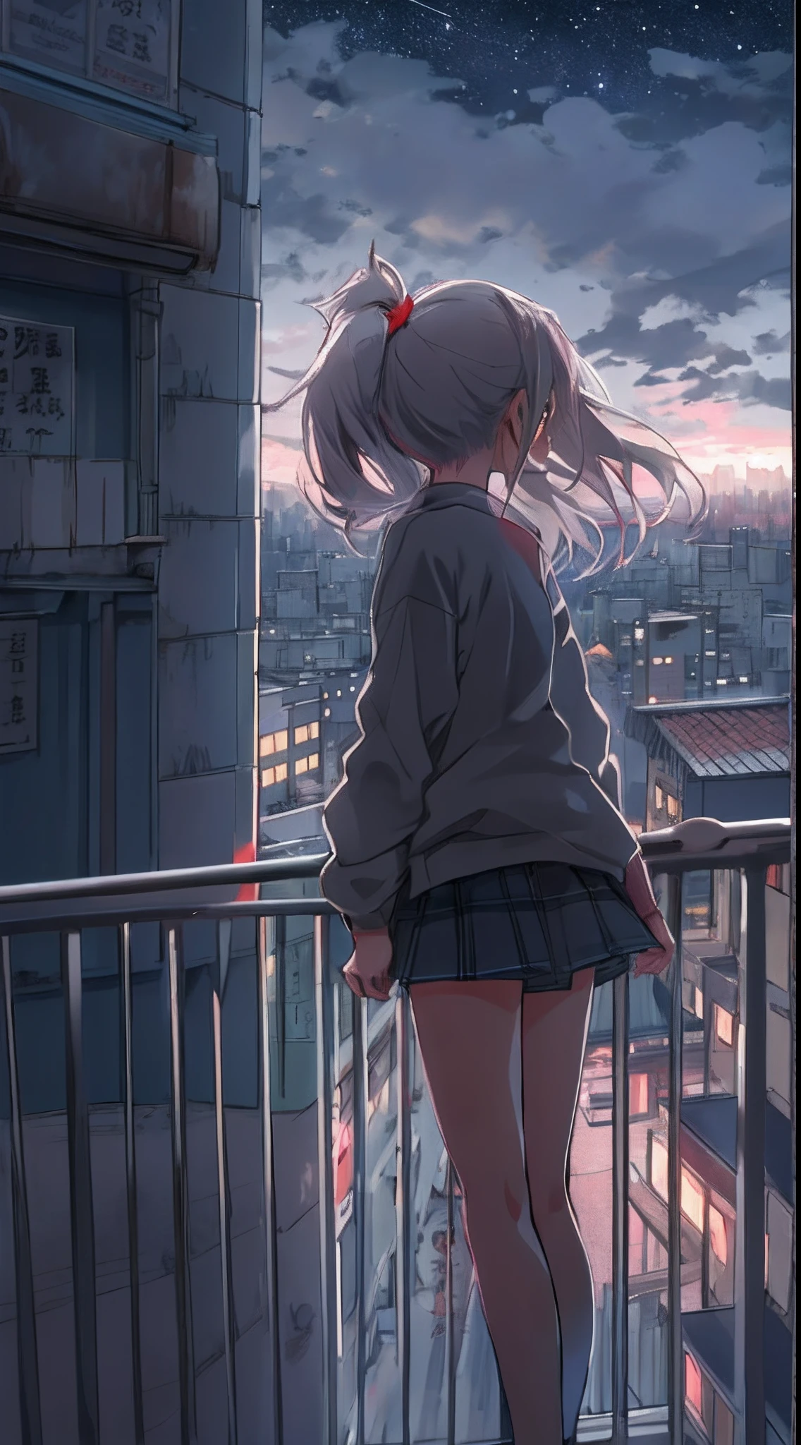 A cute standing on a balcony, clutching her hair in despair, with a rundown cityscape and dark cloudy sky outside, ,in the style of the stars art group xing xing, 32k, best quality, masterpiece, super detail, high details