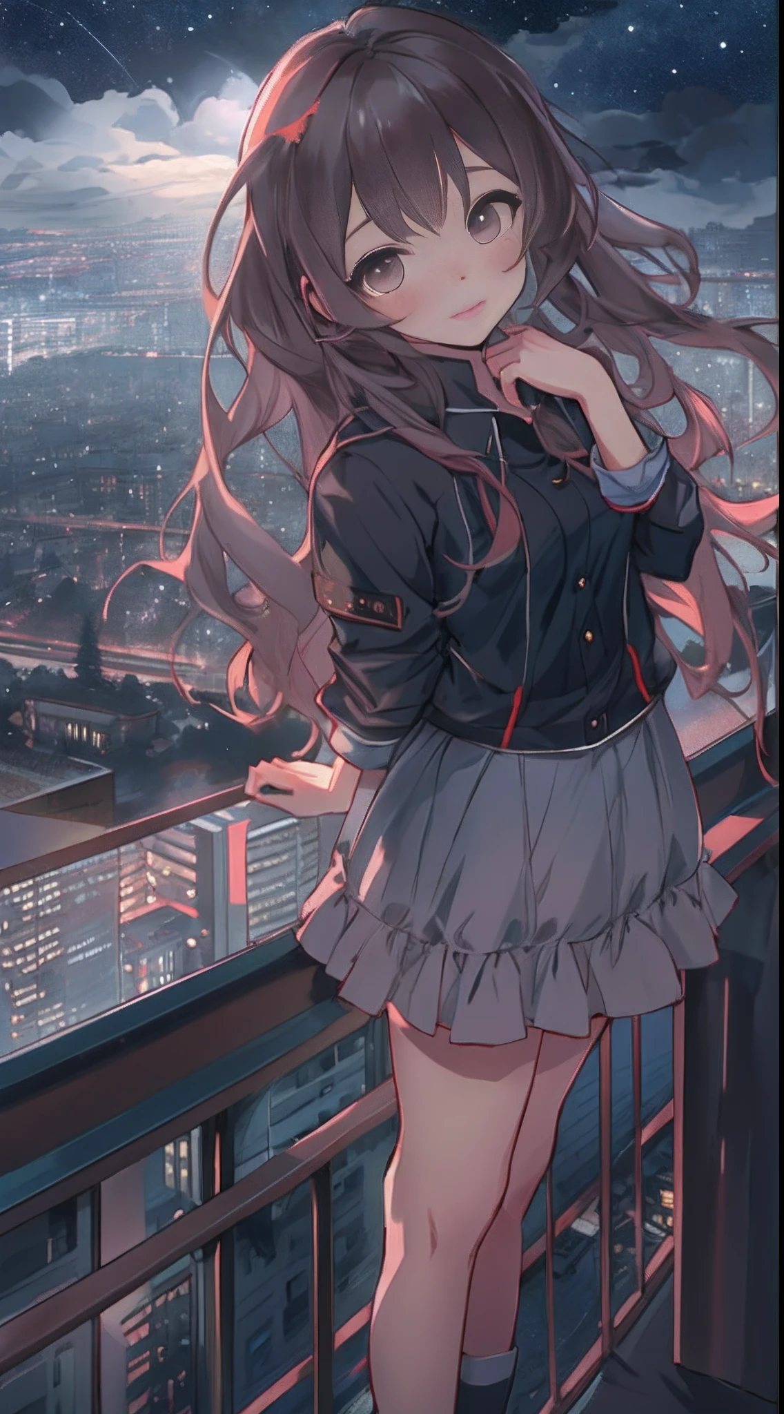 A cute  standing on a balcony, clutching her hair in despair, with a rundown cityscape and dark cloudy sky outside, ,in the style of the stars art group xing xing, 32k, best quality, masterpiece, super detail, high details