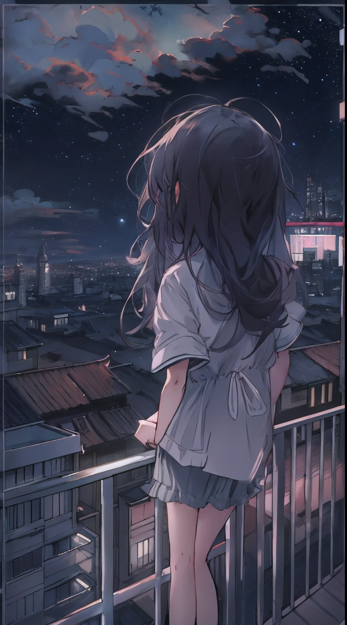 A cute standing on a balcony, clutching her hair in despair, with a rundown cityscape and dark cloudy sky outside, ,in the style of the stars art group xing xing, 32k, best quality, masterpiece, super detail, high details