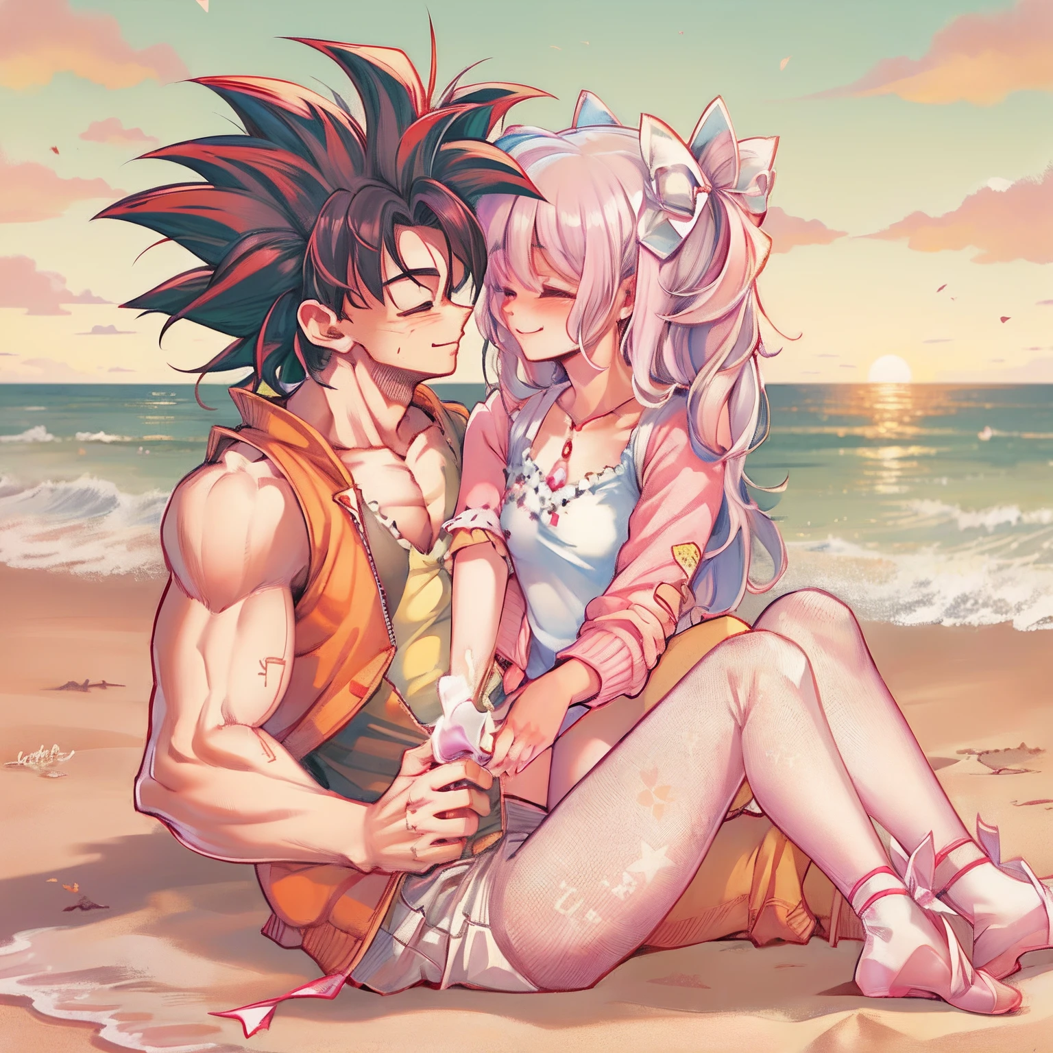 madokakaname, 1girl, madoka_kaname, naked_shirt,vest_print:,goku from dragonball, goku and madoka being a lovey dovey couple very affective in a beach, goku with pants and pullover, love , happy