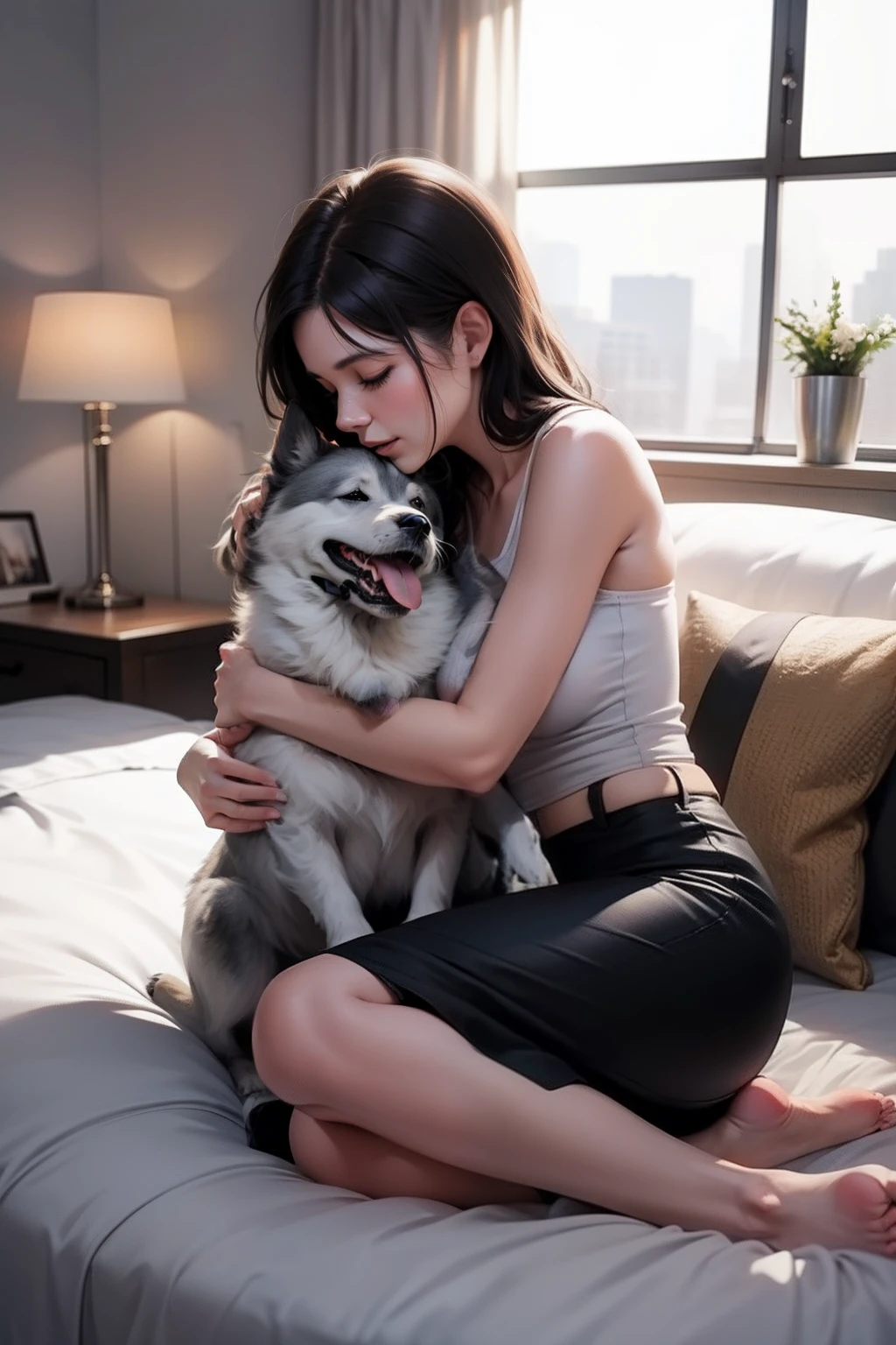 Woman and dog,Cuddle together
