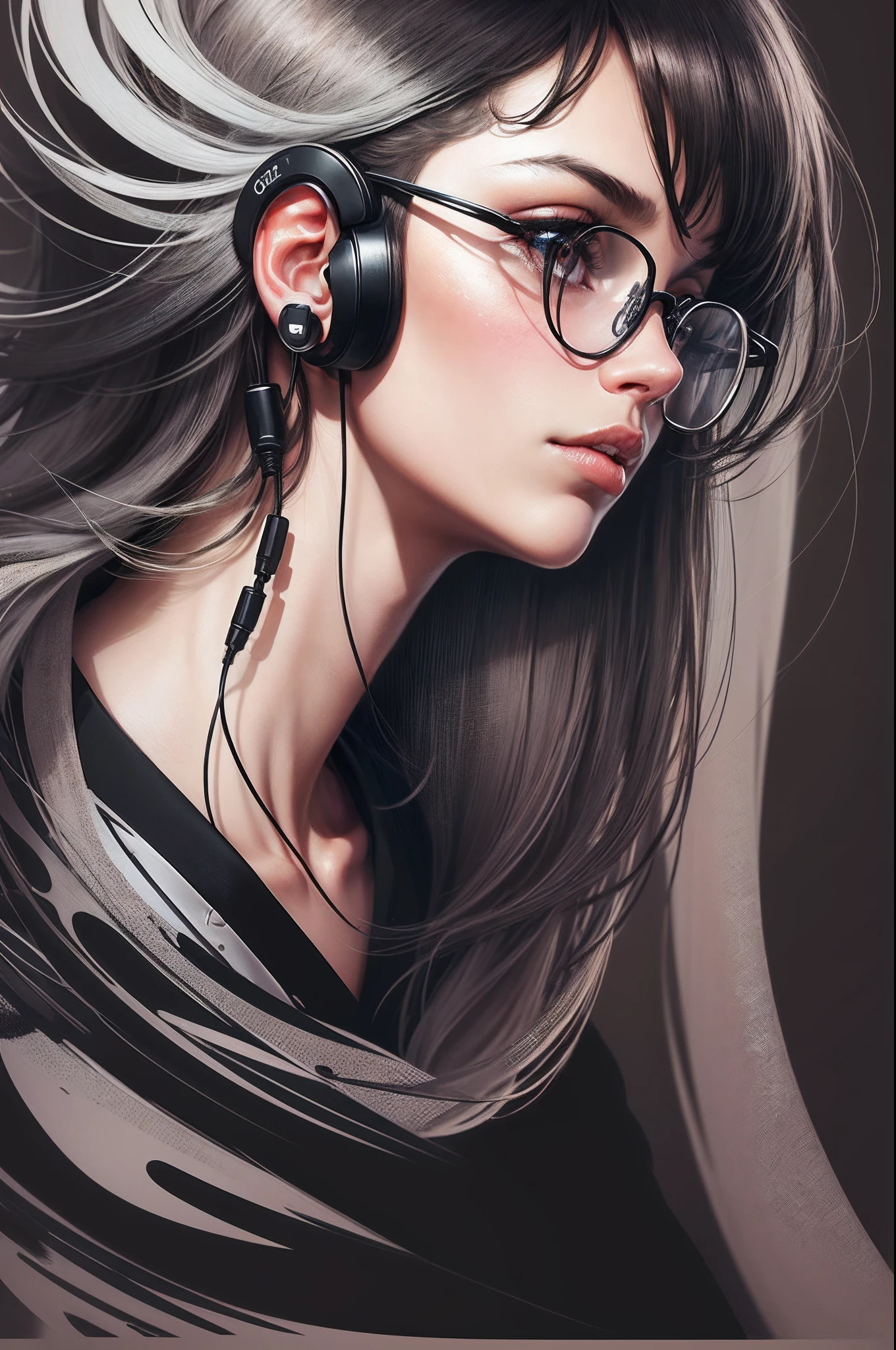 Create a logo for a brand where the symbol is a disembodied head using a black headphone and black glasses on a black background, It must have a very black outline well highlighted and does not have a nose and mouth, estilo charge, --auto --s2