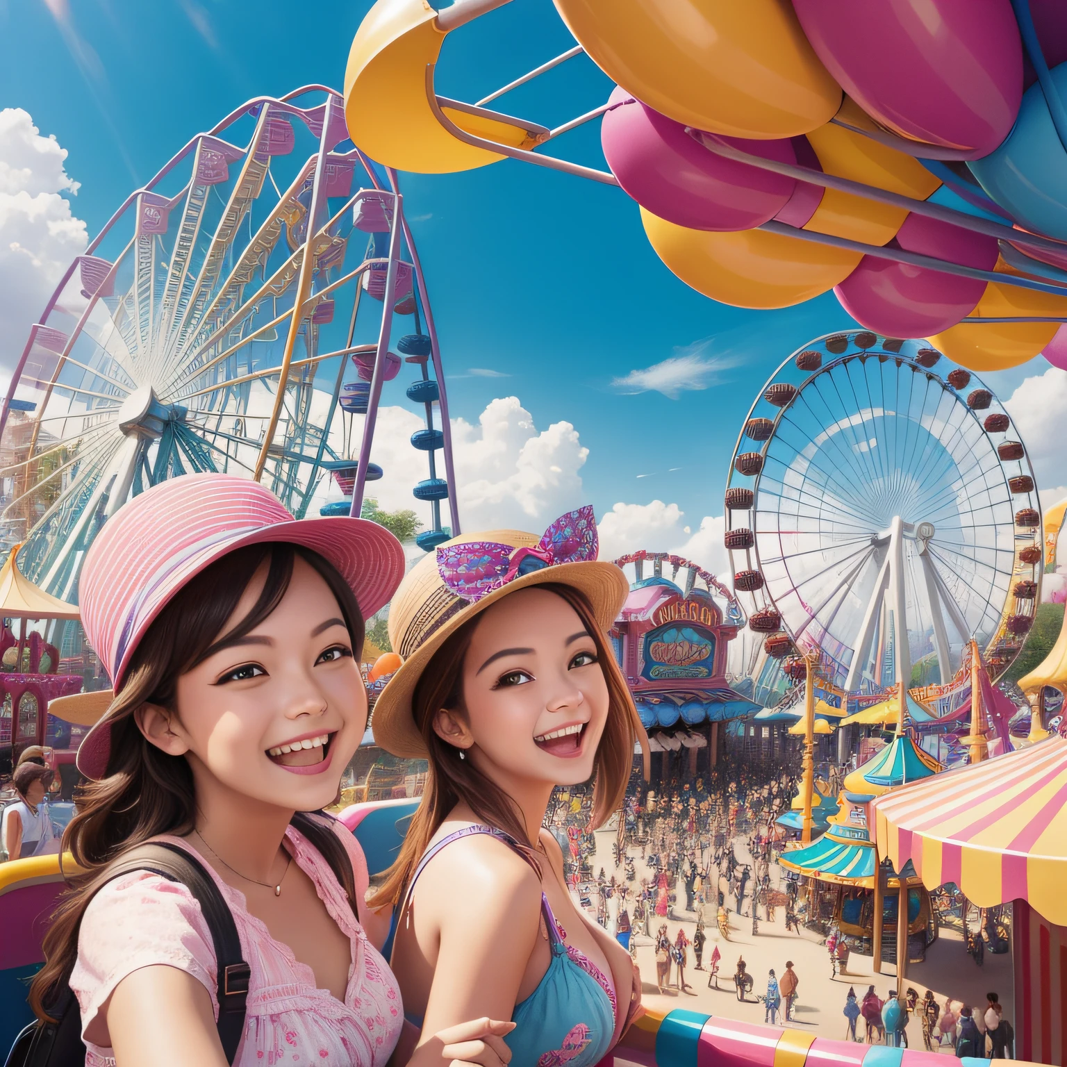 Close-up of happy people at The most beautiful and fun amusement park, colorful, happiness, highly detailed, perfect composition, amusement park advertisement, lots of details