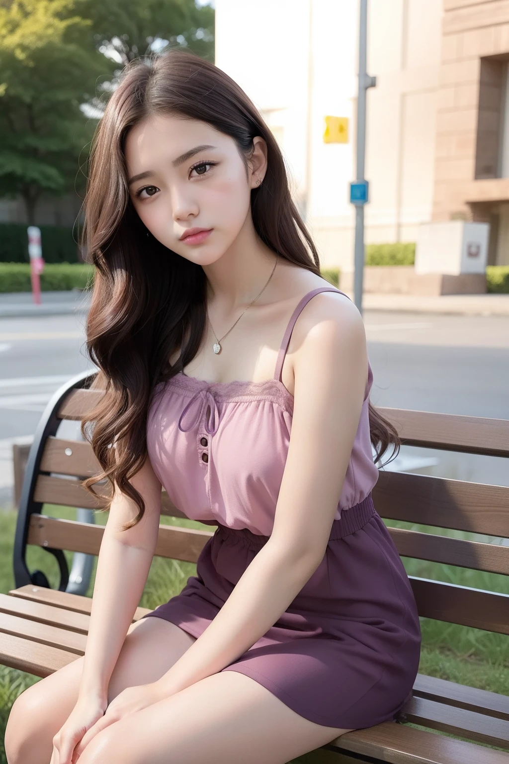 Girl with curly hair, shoulder-length hair, dark brown hair, 3B Hair, Light brown eyes, Pink dress, About 16 years, In a city park, nigh sky, Sitting on a square bench ,Blue and purple shades, Neon lighting, cool color ,Image, 4K, High quality, highest details, Face photo, Only one person is in the photo