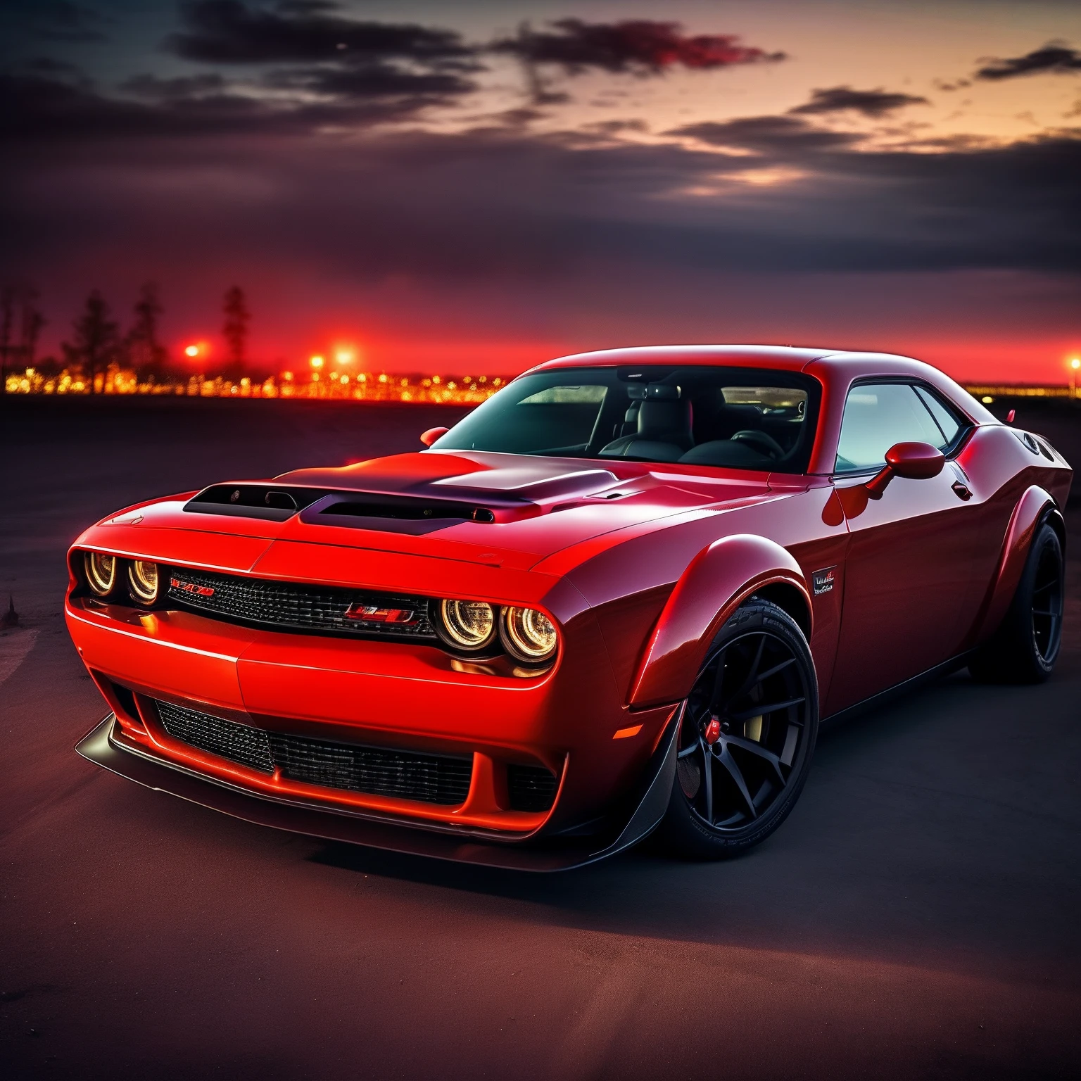 tmasterpiece，4k高清，Dodge Challenger Demon Photo，Red headlights ,Red，Muscle sports car，The demons，tires，shadowing，Cinematic lighting，Turn on the headlights，telephoto lenses，Wasteland，nigth，Wallpaper level，hdr，Beyond a Bugatti，racer