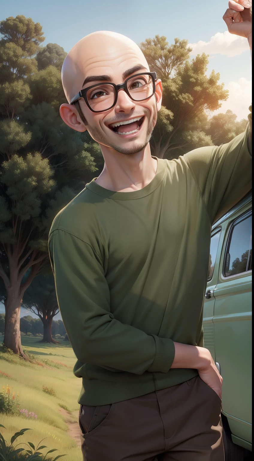 bald male character, brown eyes,brown clothes , without hair , without beard, wearing glasses, laughing ,full body,leaning against in green car kombi van, a field with trees   in background,style of a Disney Pixar cartoon